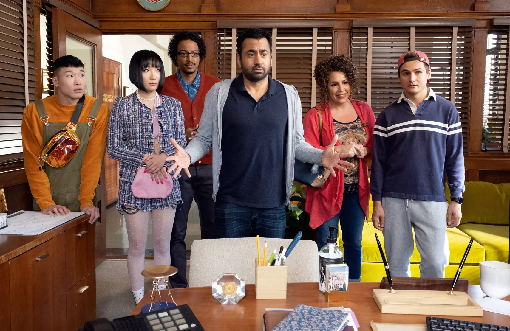 Kal Penn (center) stars in Sunnyside along with Joel Kim Booster, Poppy Liu, Samba Schutte, Diana Marie Riva, and Moses Storm. (Colleen Hayes/NBC)