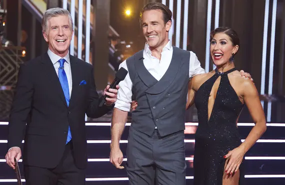 Tom Bergeron, James Van Der Beek and Emma Slater on Dancing with the Stars (ABC)