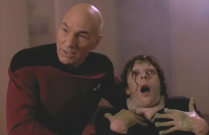Patrick Stewart and Marina Sirtis in the oft-scorned "Genesis" episode of Star Trek: The Next Generation (Paramount)