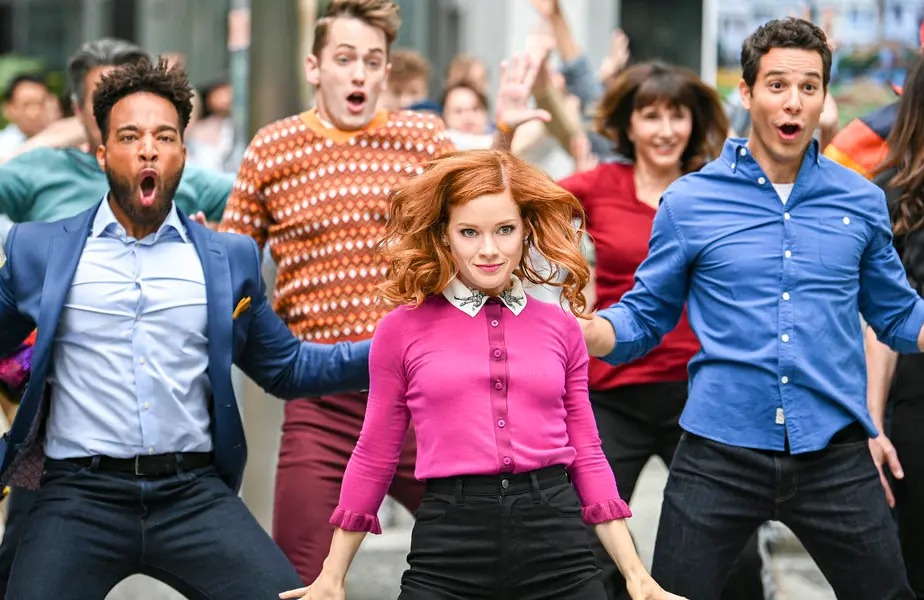 John Clarence Stewart, Jane Levy and Skylar Astin shake a leg in Zoey's Extraordinary Playlist. (Photo: NBC)