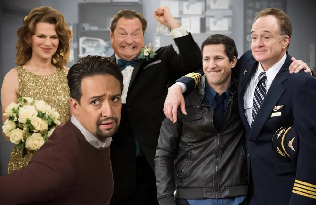 Sandra Bernhard, Lin Manuel Miranda, Stephen Root, Andy Samberg and Bradley Whitford in Brooklyn Nine-Nine. (NBC)