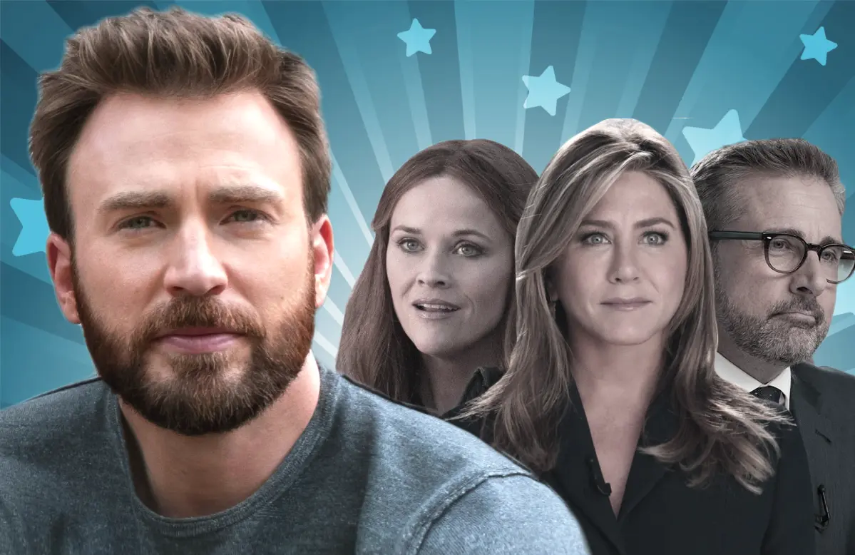 Chris Evans in Defending Jacob and Reese Witherspoon, Jennifer Aniston and Steve Carell in The Morning Show. (Photos: Apple TV+)