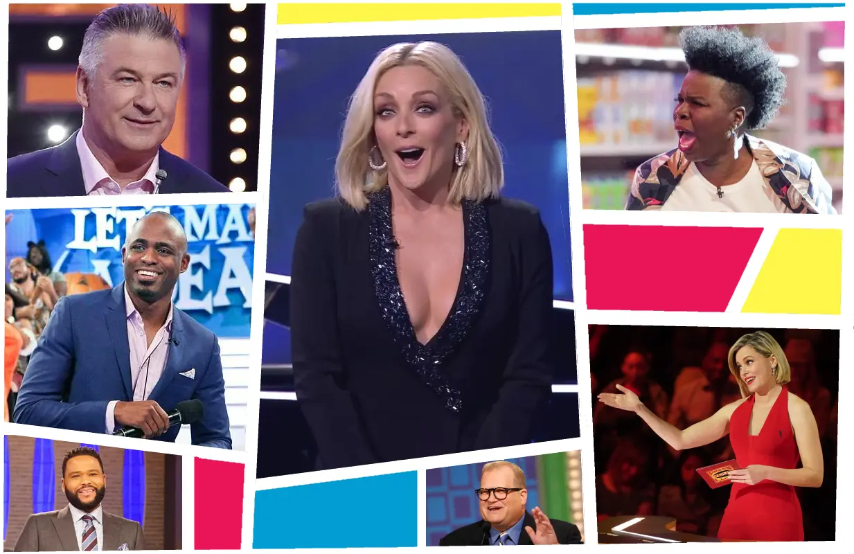 Jane Krakowski (center) joins a crowded field of celebrity game show hosts as Name That Tunes premieres on FOX. (Photos: ABC, CBS, FOX)
