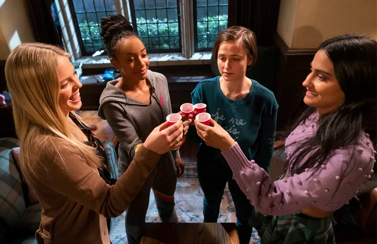 Reneé Rapp, Alyah Chanelle Scott, Pauline Chalamet, and Amrit Kaur star in The Sex Lives of College Girls.  (Photo: HBO Max)