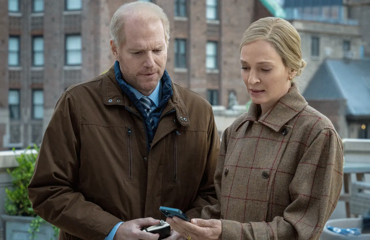 Uma Thurman and Noah Emmerich in the first episode of Suspicion. (Photo: Apple TV+)