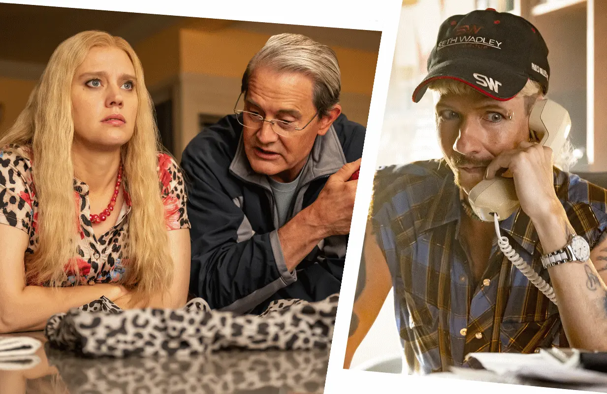 Kate McKinnon as Carole Baskin, Kyle MacLachlan as Howard Baskin, and John Cameron Mitchell as Joe Exotic in Joe vs. Carole. (Photos: Mark Taylor/Peacock)