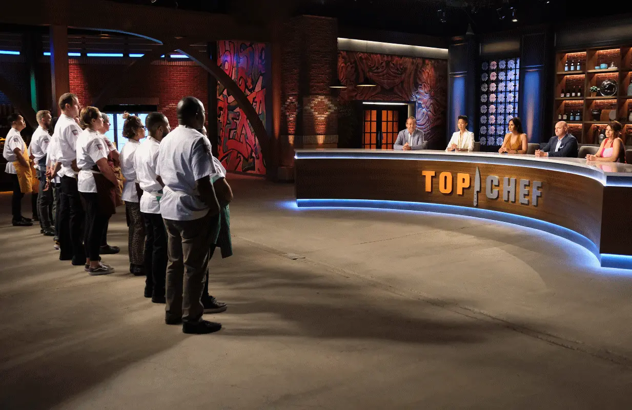 Robert Del Grande, Kristen Kish, Padma Lakshmi, Tom Colicchio and Gail Simmons in the season premiere of Top Chef: Houston. (Photo: David Moir/Bravo)