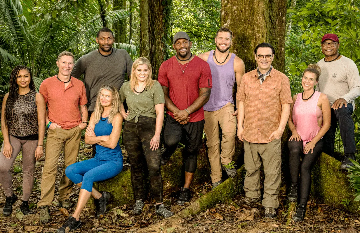 Eboni K. Williams, Craig Morgan, Metta World Peace, Paulina Porizkova (seated), Lauren Alaina, Ray Lewis, Colton Underwood, Mauro Ranallo (host), Jodie Sweetin and Mike Singletary in Beyond the Edge. (Photo: Robert Voets/CBS)