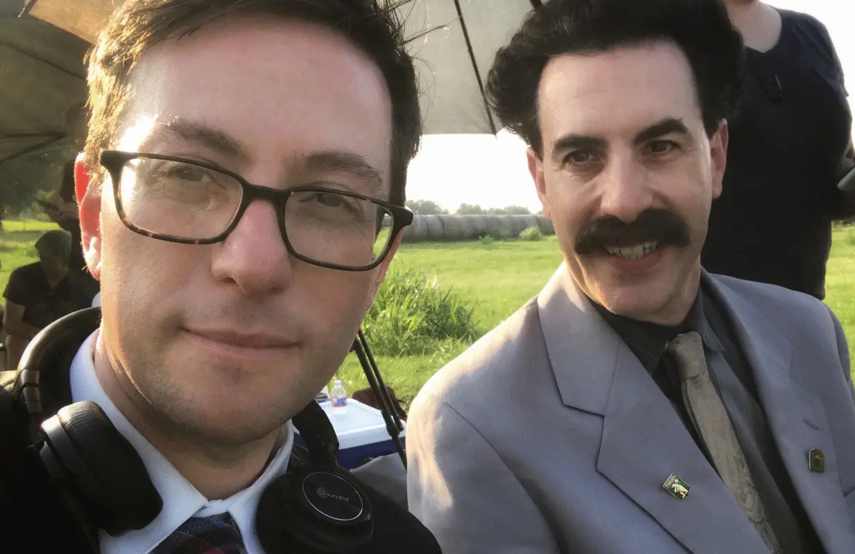 Jason Woliner with Sacha Baron Cohen on the set of Borat: Subsequent Moviefilm . (Photo: Jason Woliner)