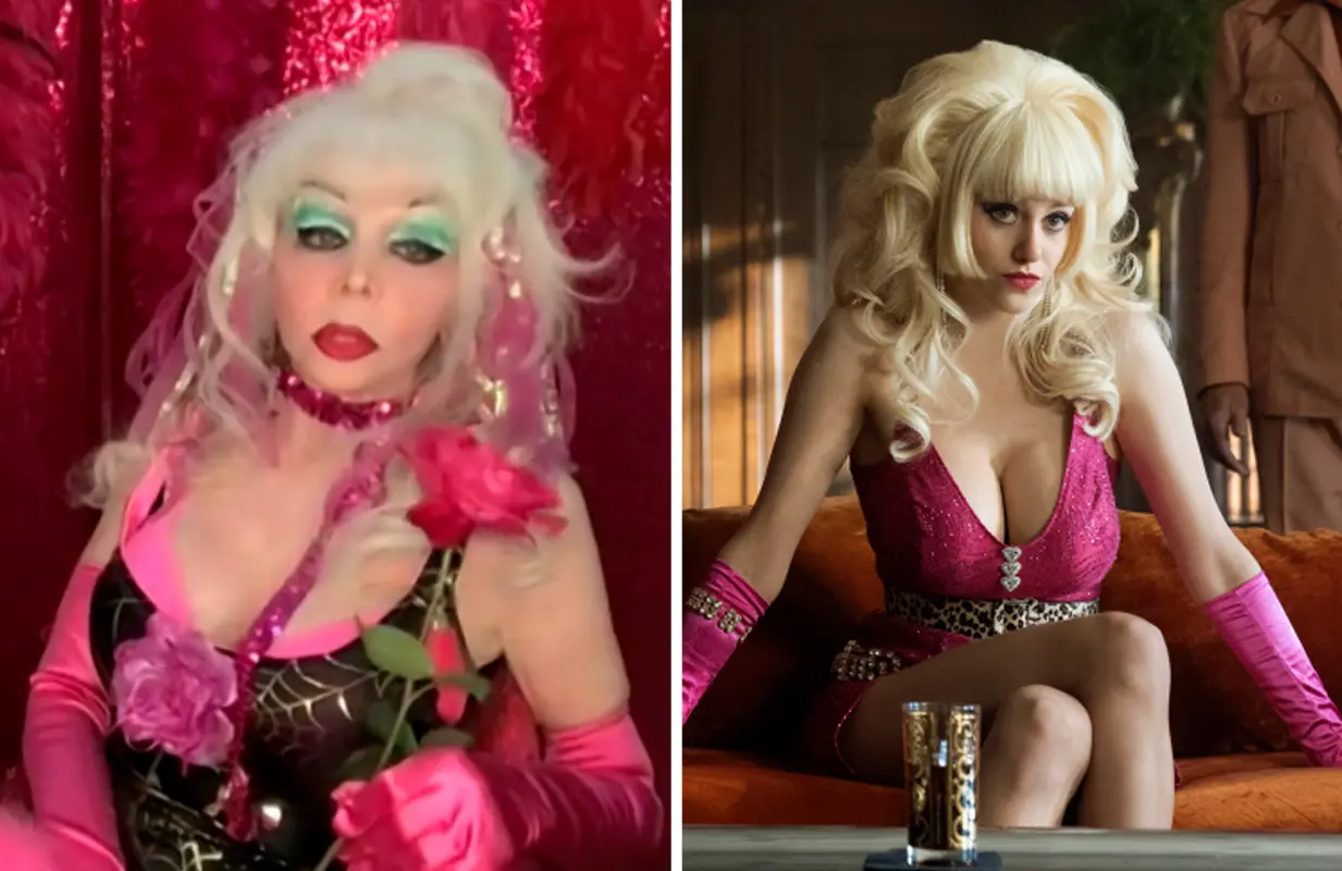 Angelyne; Emmy Rossum in Peacock's Angelyne (Photos: Inside Edition/NBCUniversal)