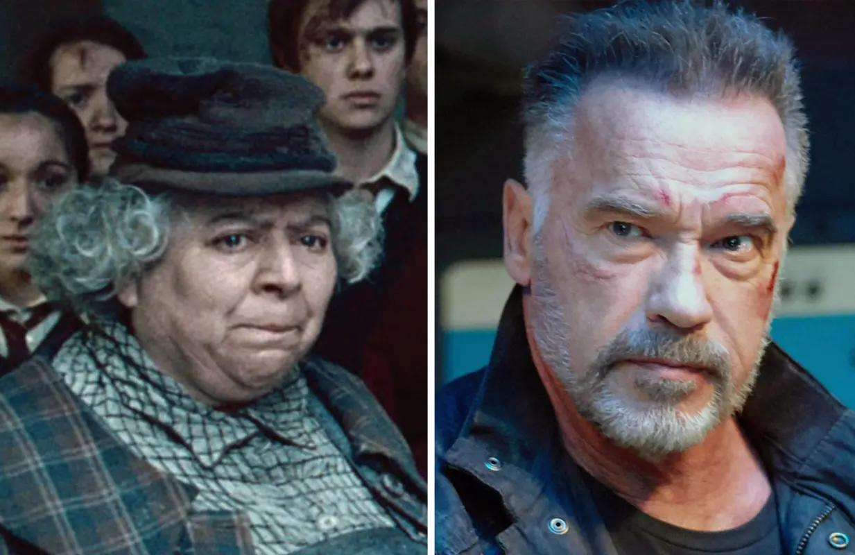 Miriam Margolyes in Harry Potter and the Deathly Hallows: Part 2; Arnold Schwarzenegger in Terminator: Dark Fate (Photos: Everett Collection)