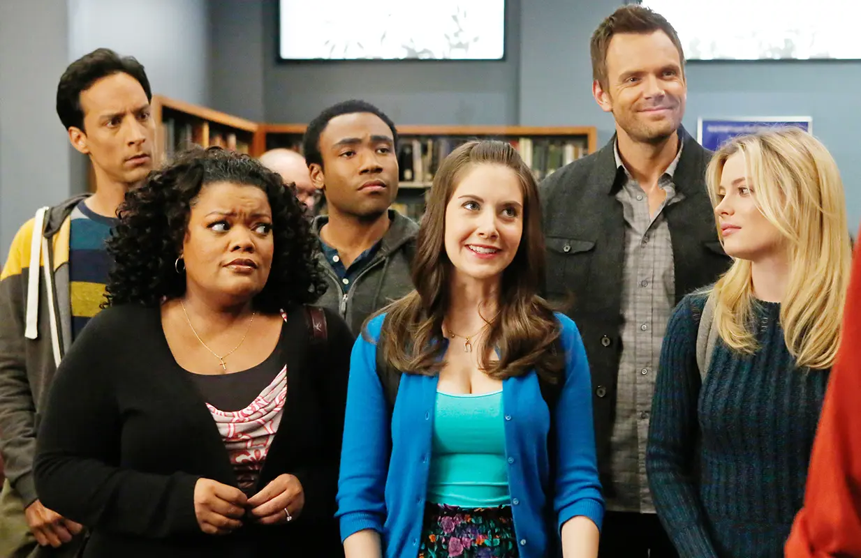 Danni Pudi, Yvette Nicole Brown, Donald Glover, Alison Brie, Joel McHale, and Gillian Jacobs in Community. (Photo: NBC)