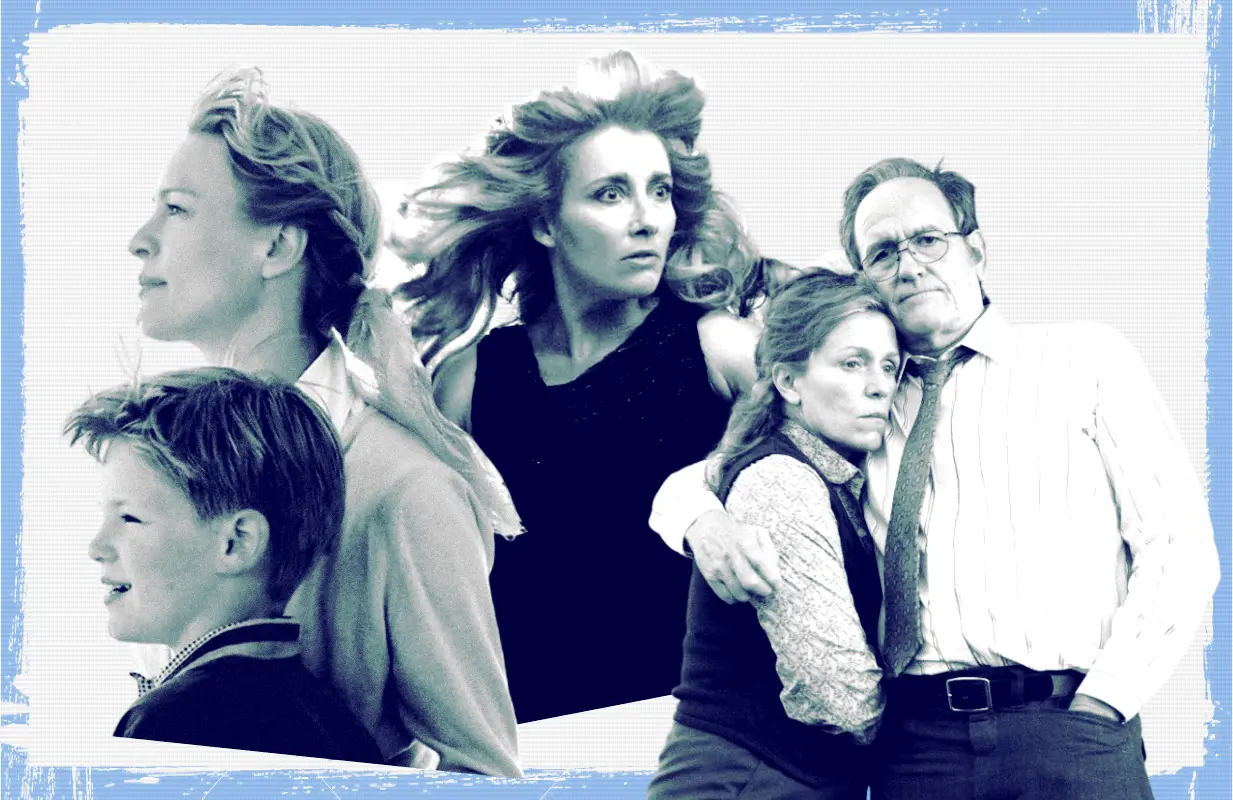 Robin Wright and Miles Chandler in Empire Falls, Emma Thompson in Angels in America, Frances McDormand and Richard Jenkins in Olive Kitteredge (Photos: HBO/Primetimer graphic)