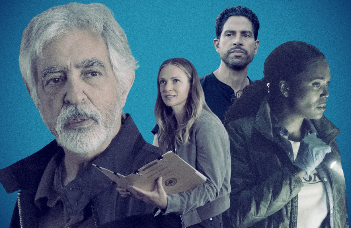Joe Mantegna, A.J. Cook, Adam Rodriguez, and Aisha Tyler in Criminal Minds: Evolution. (Photos: Paramount+/Illustration: Primetimer)