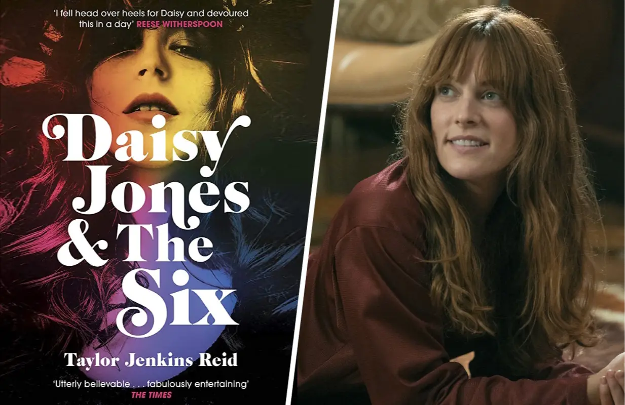 The cover of Daisy Jones &amp; the Six, plus Riley Keough as Daisy (Photo of Keough: Lacey Terrell/Prime Video)