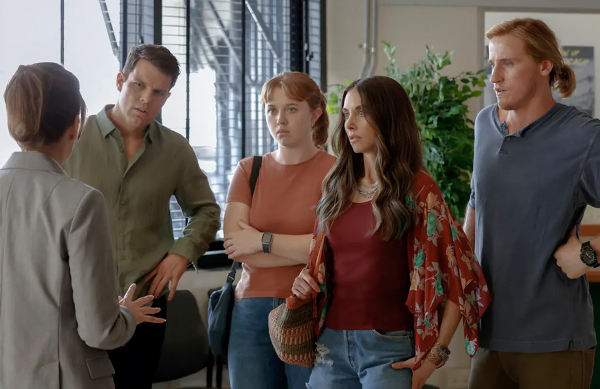 Jake Lacy, Essie Randles, Alison Brie, and Conor Merrigan-Turner in Apples Never Fall (Photo: Vince Valitutti/Peacock)