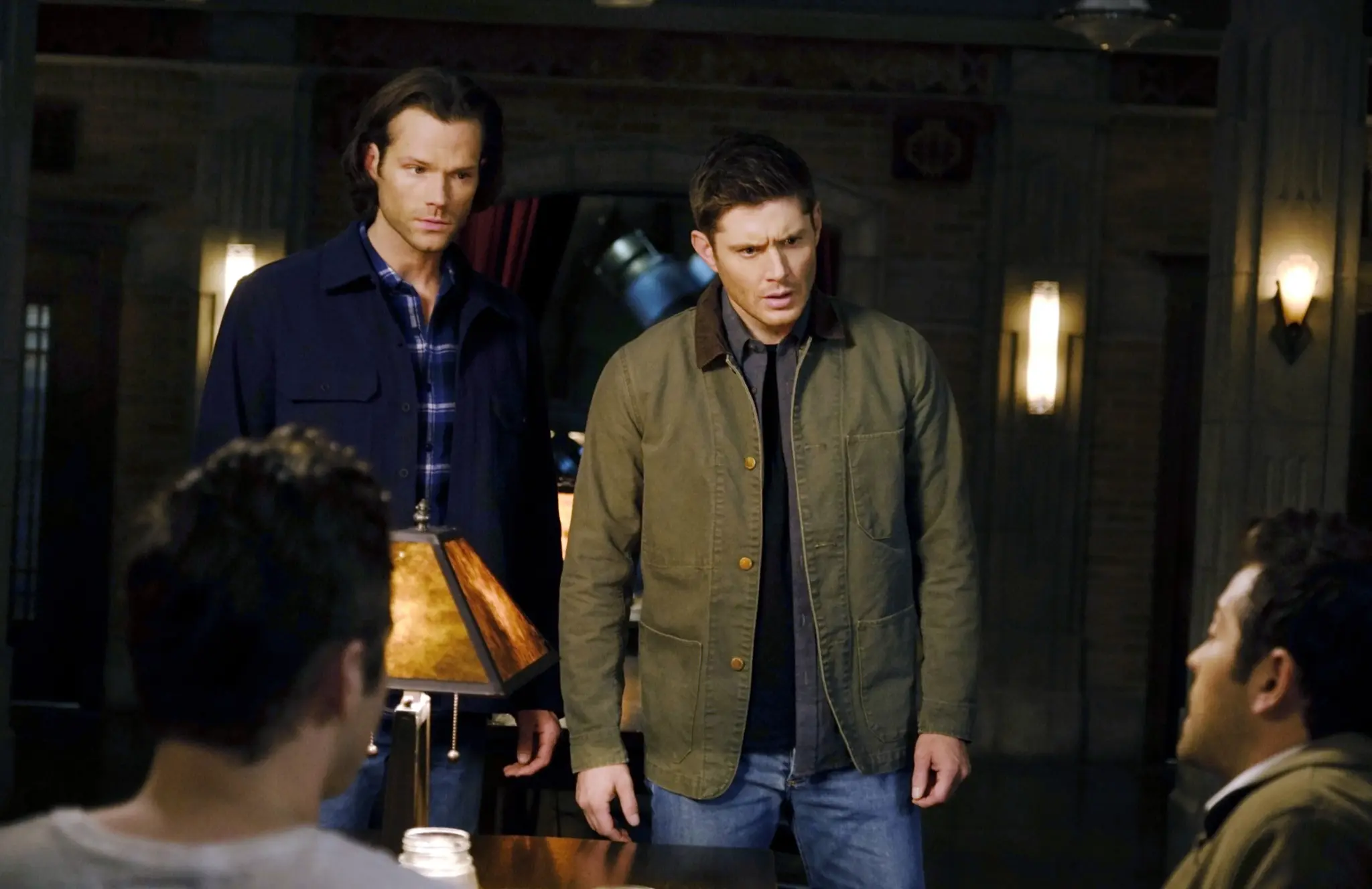 SUPERNATURAL, from left: Alexander Calvert (back to camera), Jared Padalecki, Jensen Ackles, Misha Collins, ‘Destiny's Child', (Season 15, Episode 1513, aired Mar. 23, 2020). photo: Jeff Weddell / ©The CW / Courtesy Everett Collection
