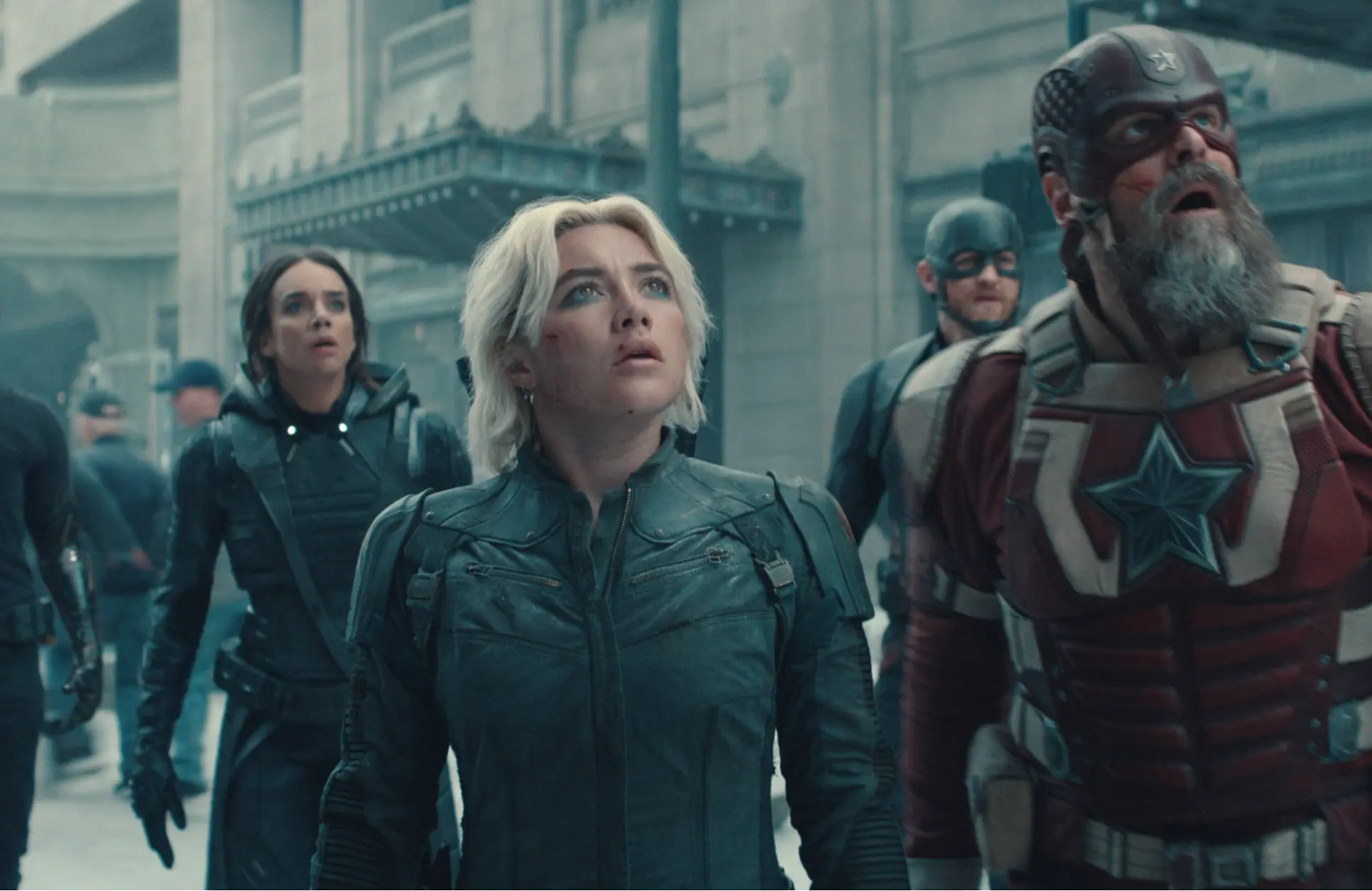THUNDERBOLTS*, (aka THUNDERBOLTS), from left: Sebastian Stan as Bucky Barnes, Hannah John-Kamen as Ghost, Florence Pugh as Yelena Belova, Wyatt Russell as John Walker, David Harbour as Red Guardian, 2025. © Marvel / © Walt Disney Studios Motion Pictures / courtesy Everett Collection
