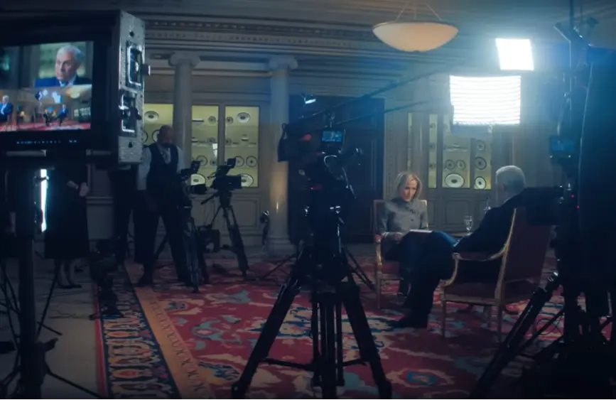 Prince Andrew and Emily Maitlis' 2019 BBC Newsnight interview was recreated in Scoop, with Rufus Sewell and Gillian Anderson portraying the real-life personalities (Image via YouTube/Netflix)