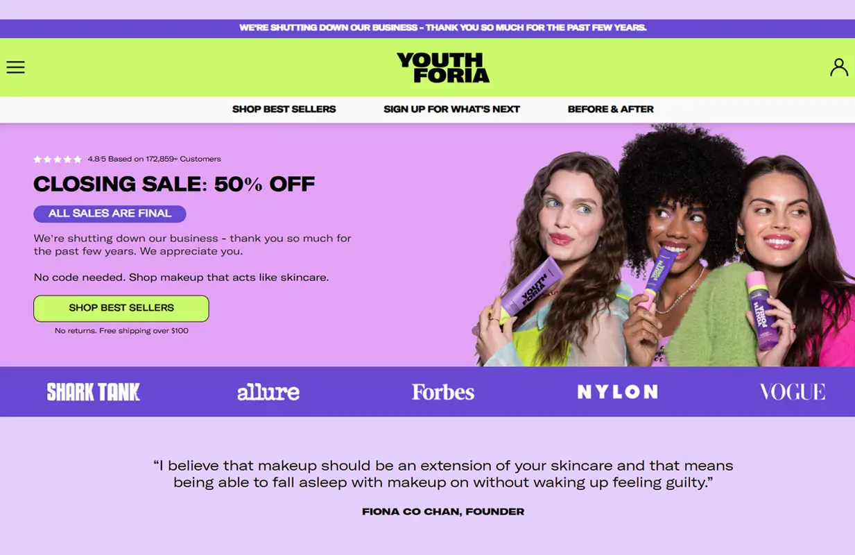 The brand's closing-out sale on its website (Image via youthforia.co)