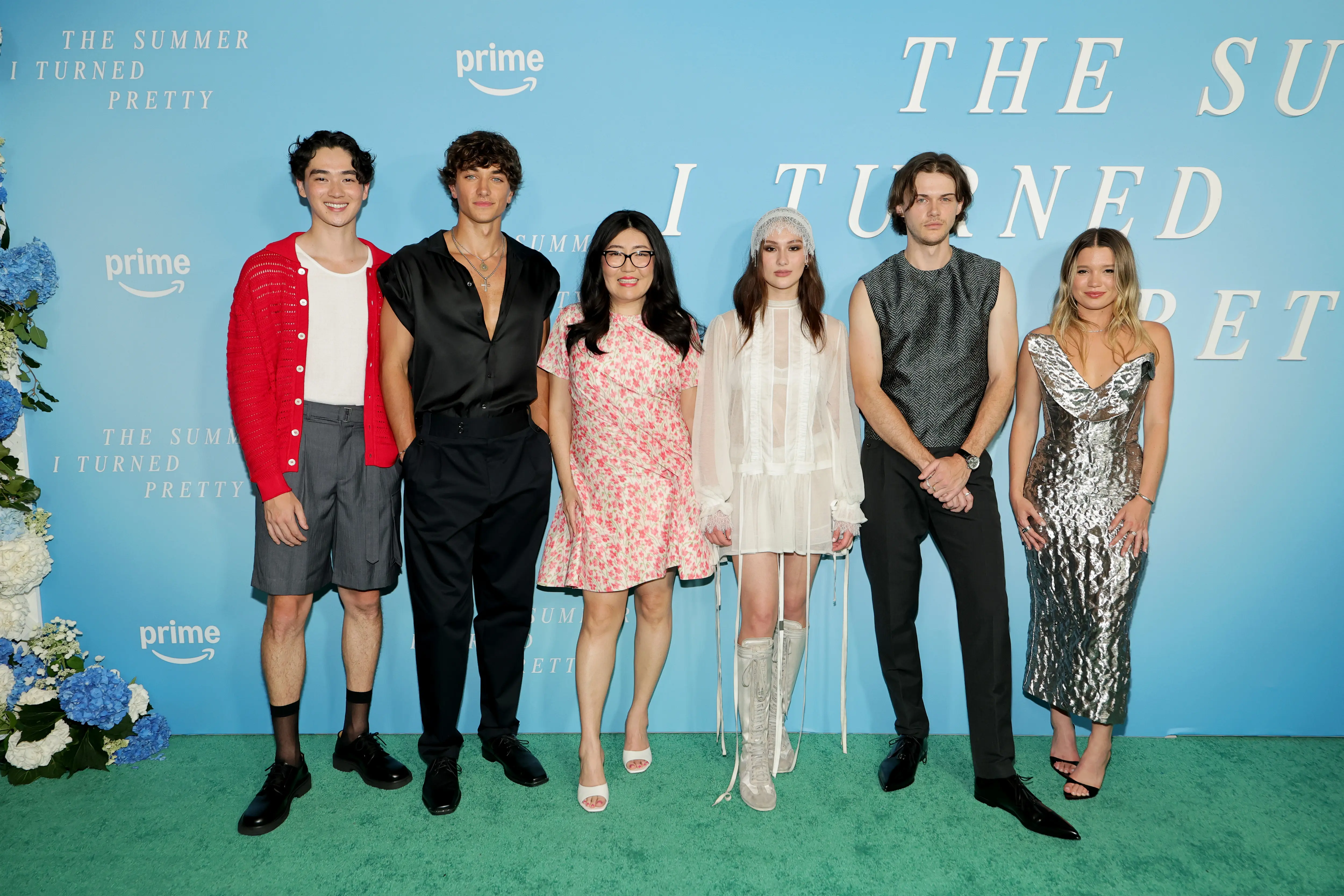 NEW YORK, NEW YORK - JULY 16: (L-R) Sean Kaufman, Gavin Casalegno, Jenny Han, Lola Tung, Christopher Briney and Rain Spencer attend "The Summer I Turned Pretty" Season 3 New York Launch Event at Refinery Rooftop on July 16, 2025 in New York City. (Photo by Dia Dipasupil/WireImage)