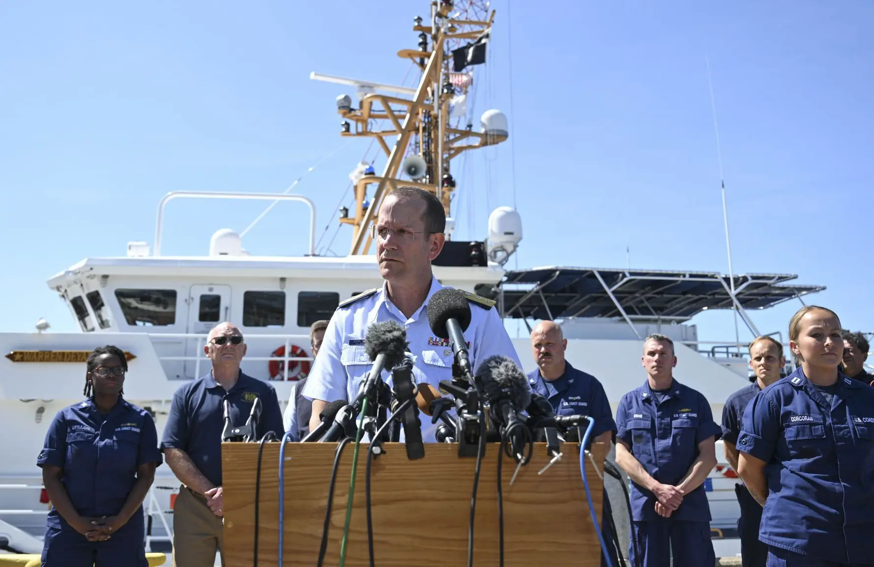 US Rear Adm. John Mauger speaking about the discovery of debris of Titan submersible (Image via Getty)