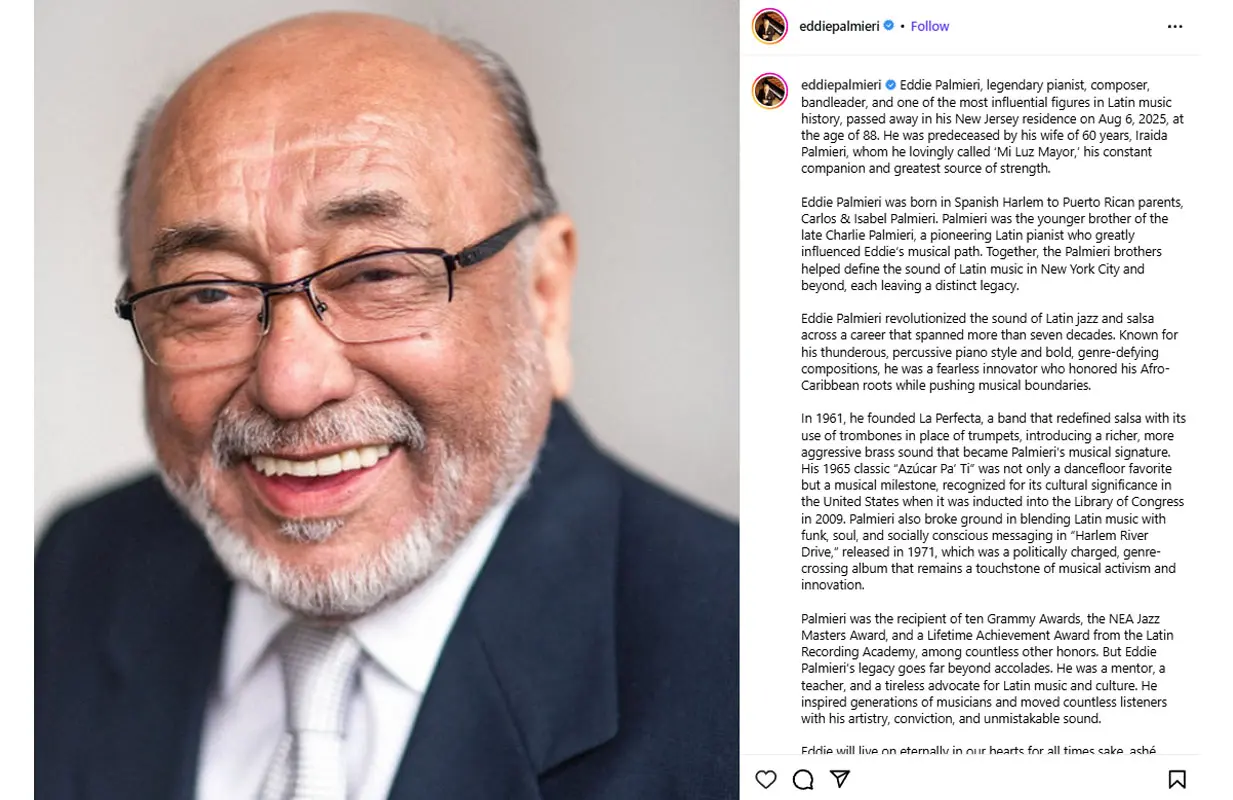 Post announcing Eddie's death (image via Instagram/@eddiepalmieri)