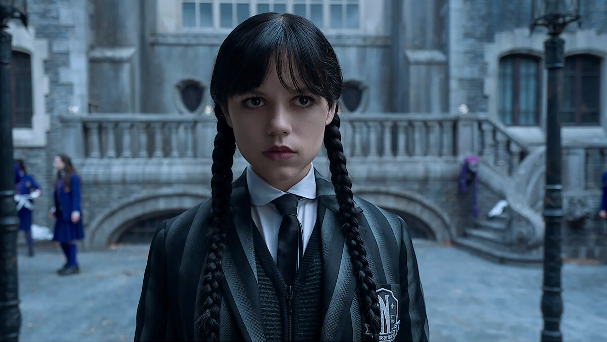 Jenna Ortega as Wednesday Addams outside Nevermore Academy. Image courtesy- Netflix.