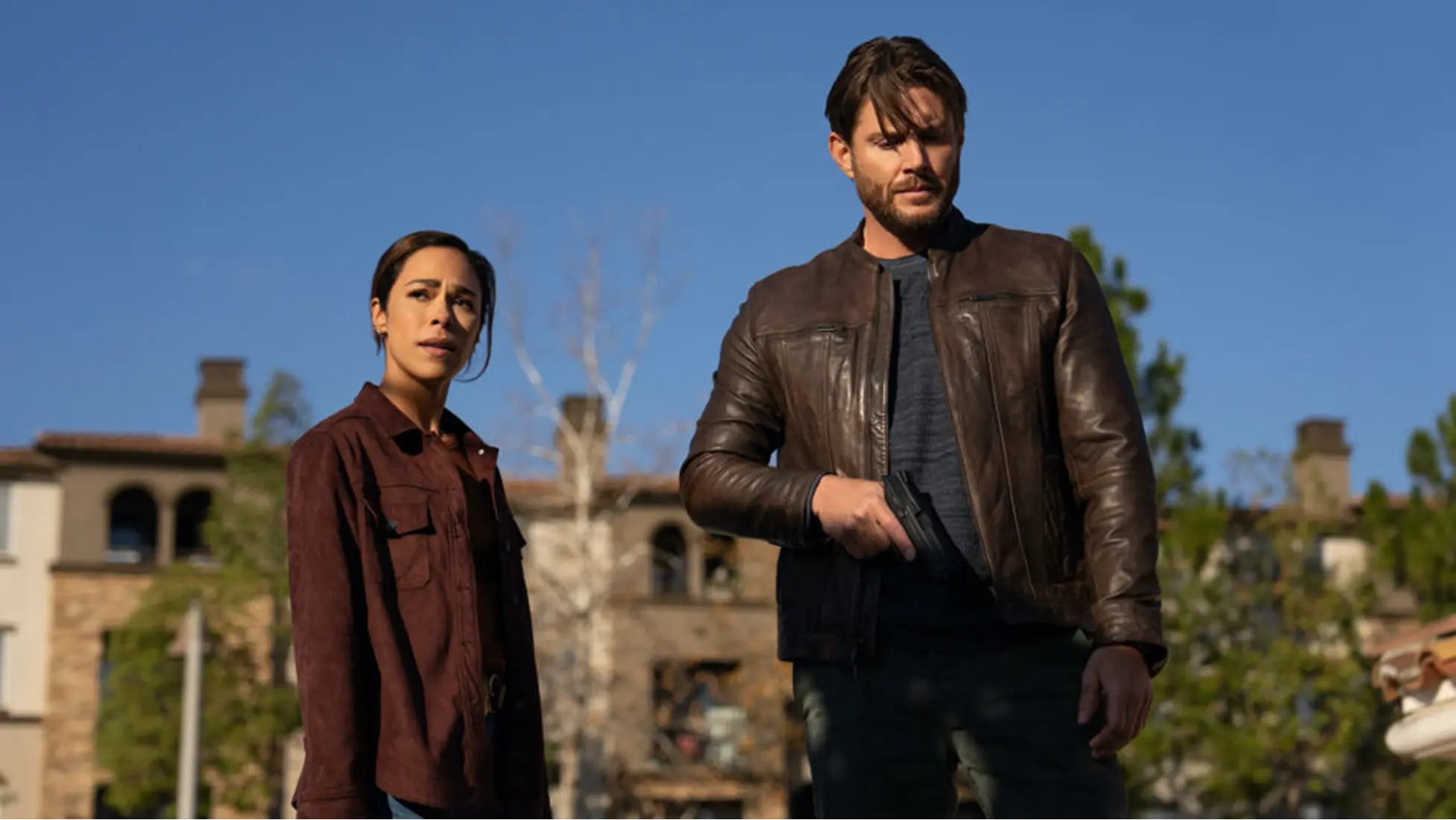 Amber Oliveras (Jessica Camacho) and Mark Meachum (Jensen Ackles) in Countdown Episode 10, the pivot point that ends one case and launches the next. Image: Prime Video.
