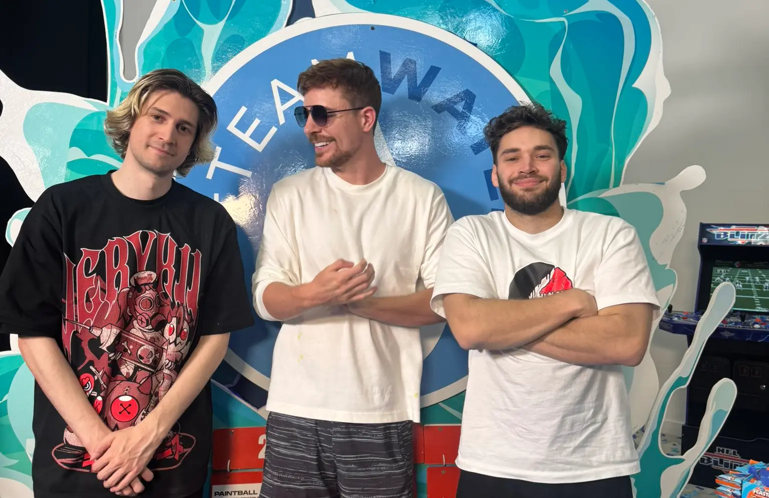 xQc, MrBeast and Adin Ross posing together after raising $12 million (Image via X/@xQc)