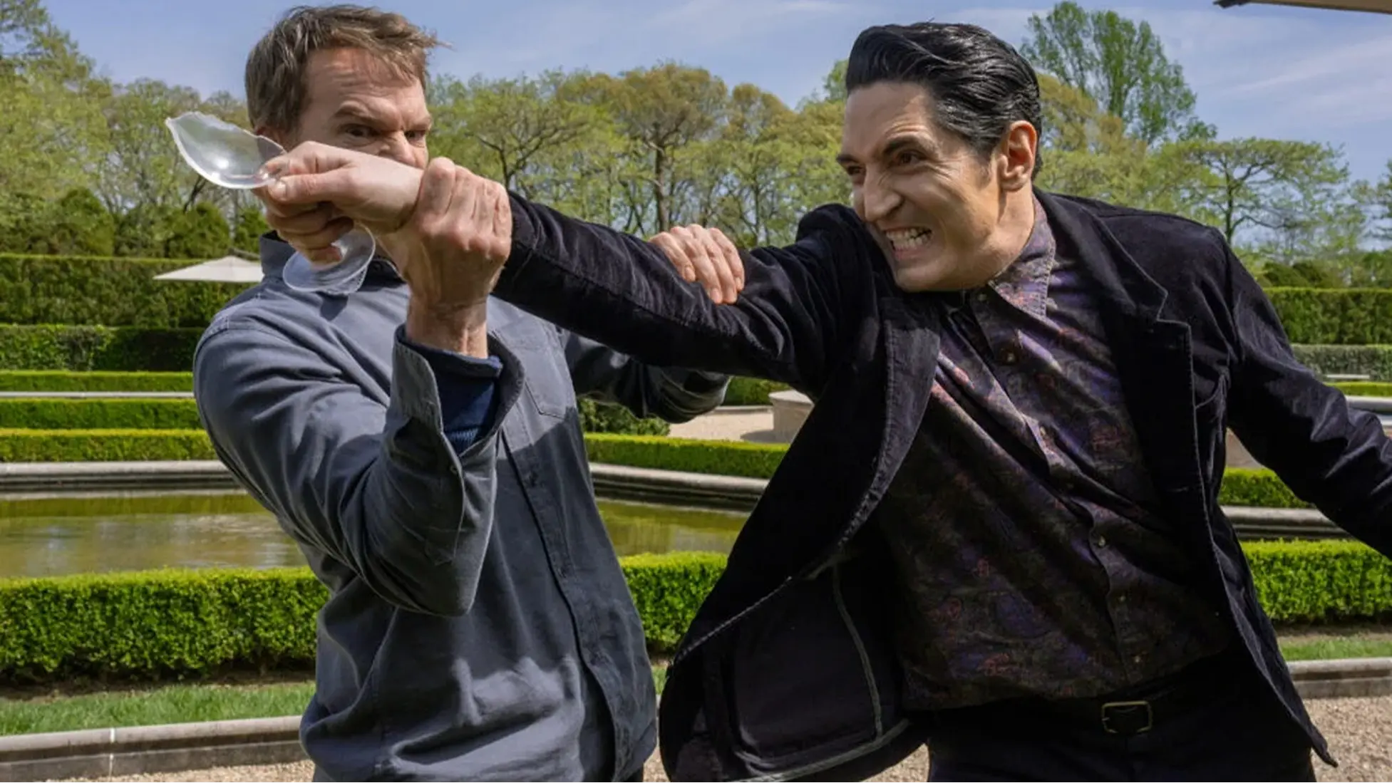 Dexter turns a shattered wineglass into a weapon during the Oheka Castle showdown with Gareth in Dexter: Resurrection episode 7 (Course Correction). Image Courtesy: Paramount+
