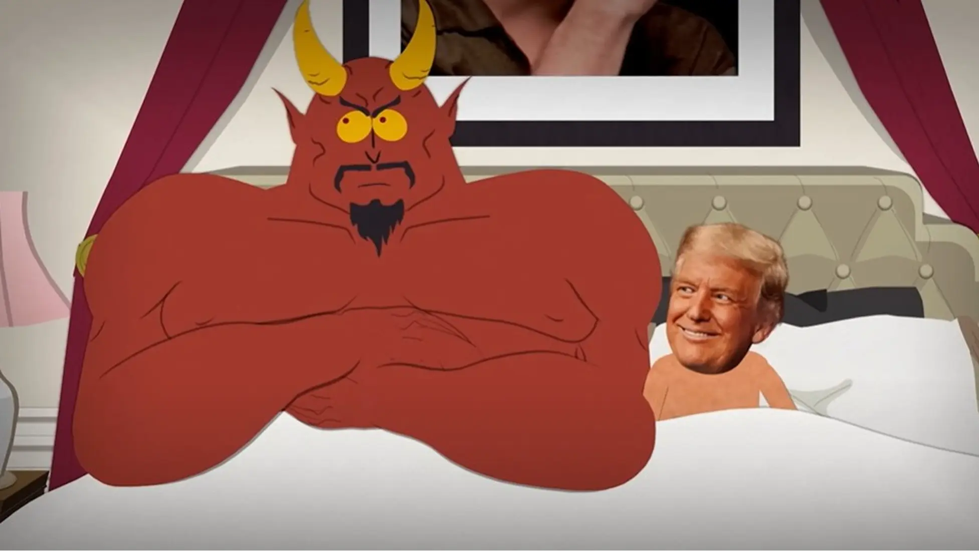 Trump and Satan in bed during the South Park Season 27 premiere Sermon on the ’Mount. Image courtesy: YouTube/@SouthParkStudios.