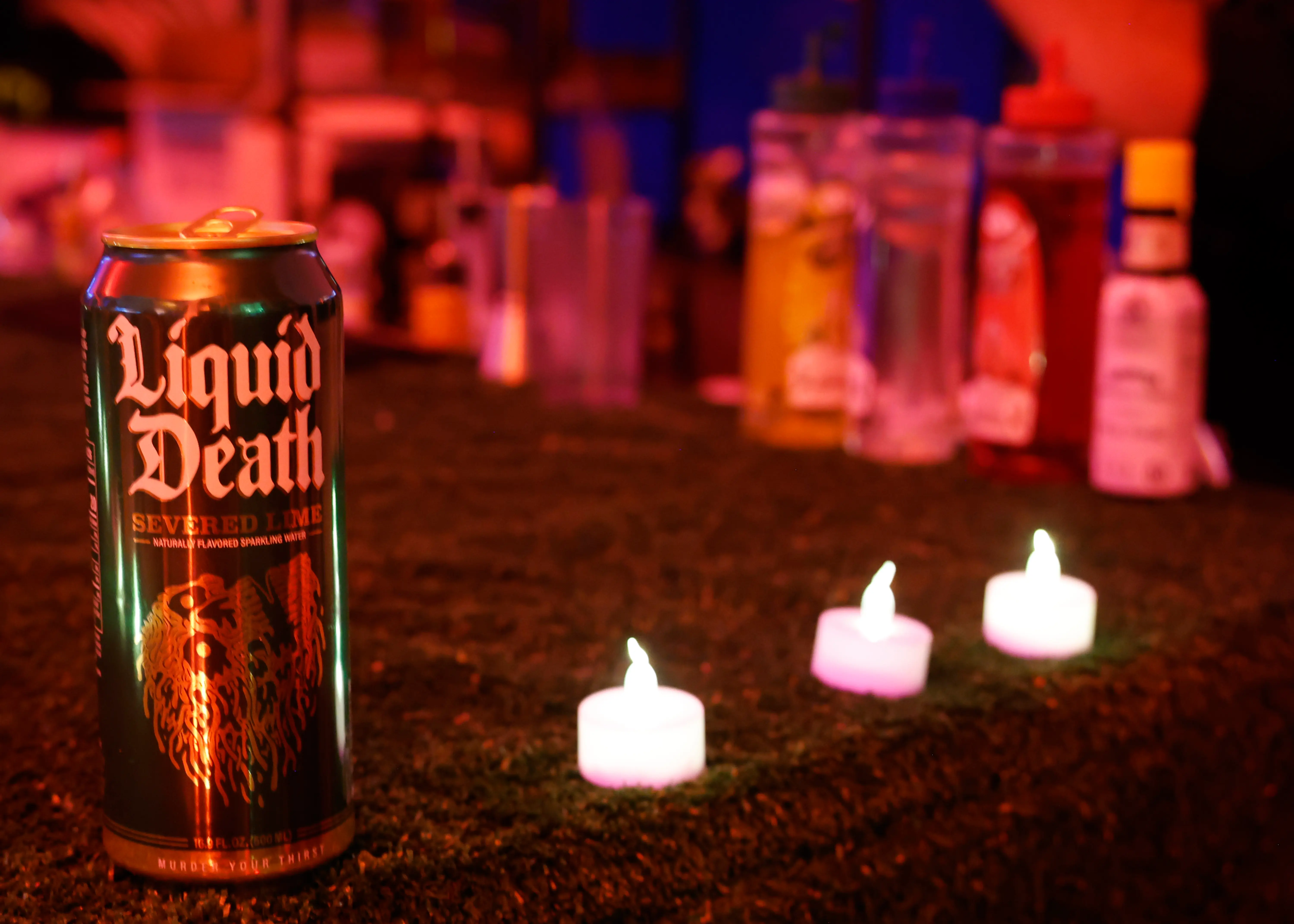 MIAMI, FLORIDA - DECEMBER 08: A detailed view of Liquid Death during Flex Basel Party Presented By Passes And Quantum on December 08, 2023 in Miami, Florida. (Photo by Frazer Harrison/Getty Images for Flex)