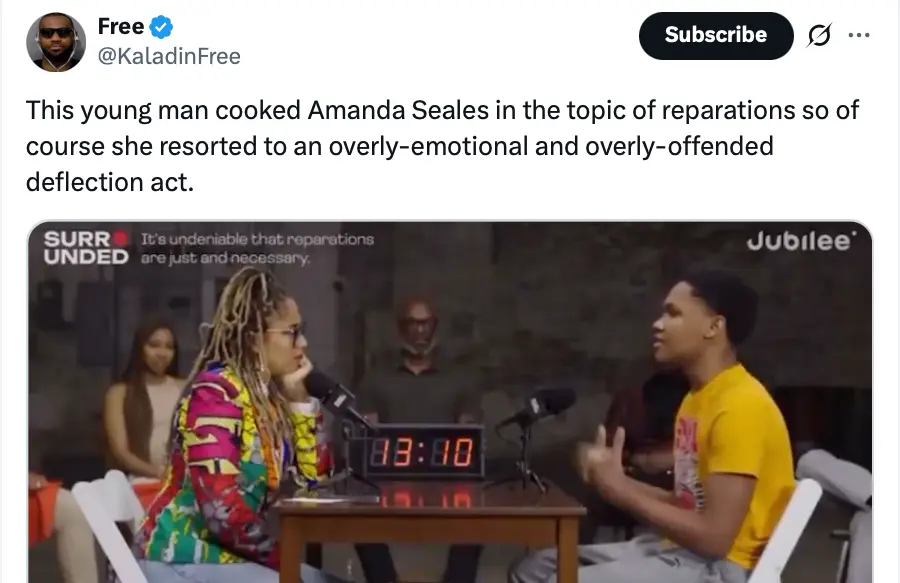 Netizens' reaction to Amanda Seales debating a young man on Jubilee (Image via X/@KaladinFree)