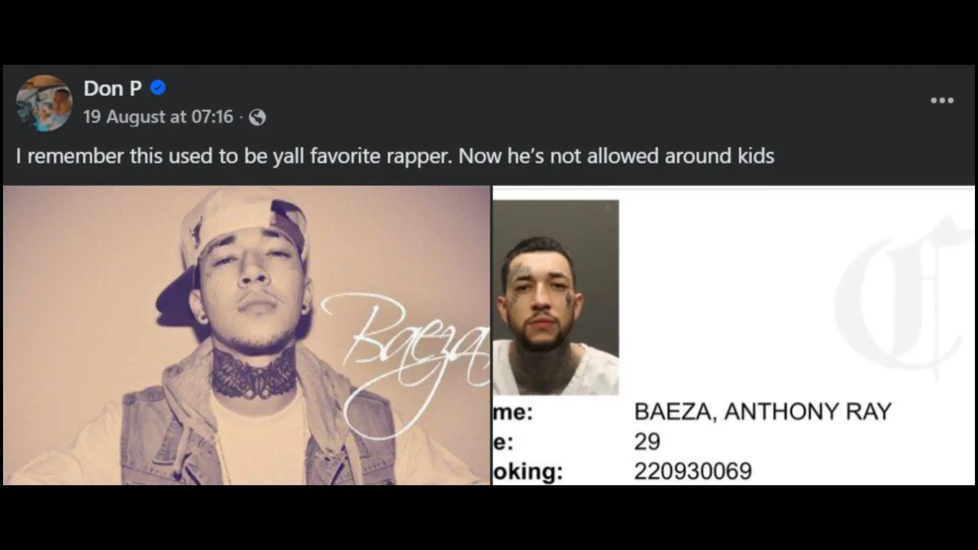 Anthony Ray Baeza's arrest record surfaces online. (Image via Facebook/Don P)