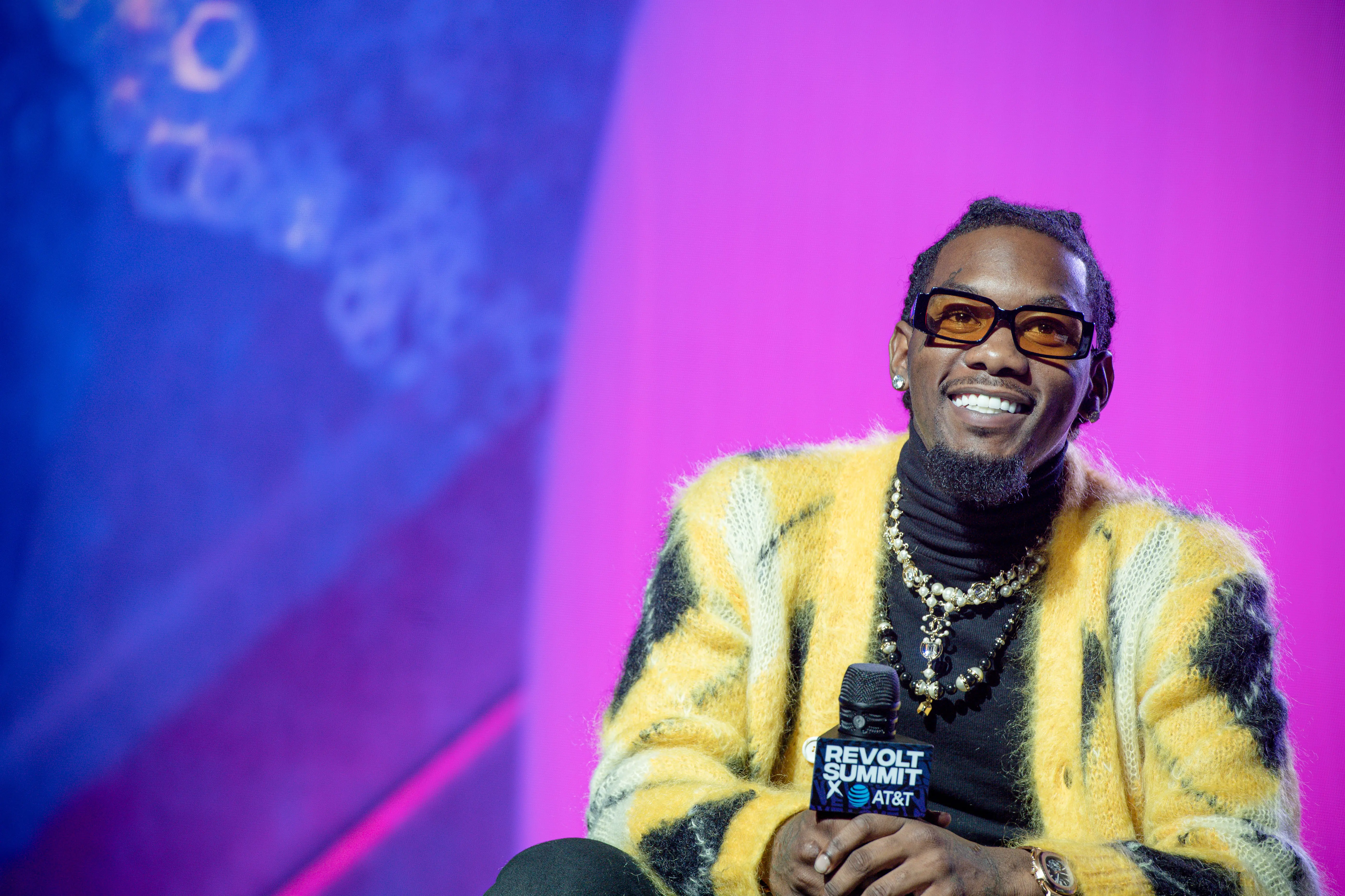 ATLANTA, GEORGIA - NOVEMBER 13: Rapper Offset speaks on stage during the Revolt Summit x AT&amp;T "For the Love of The A" conversation segment at 787 Windsor on November 13, 2021 in Atlanta, Georgia. (Photo by Marcus Ingram/Getty Images for REVOLT)