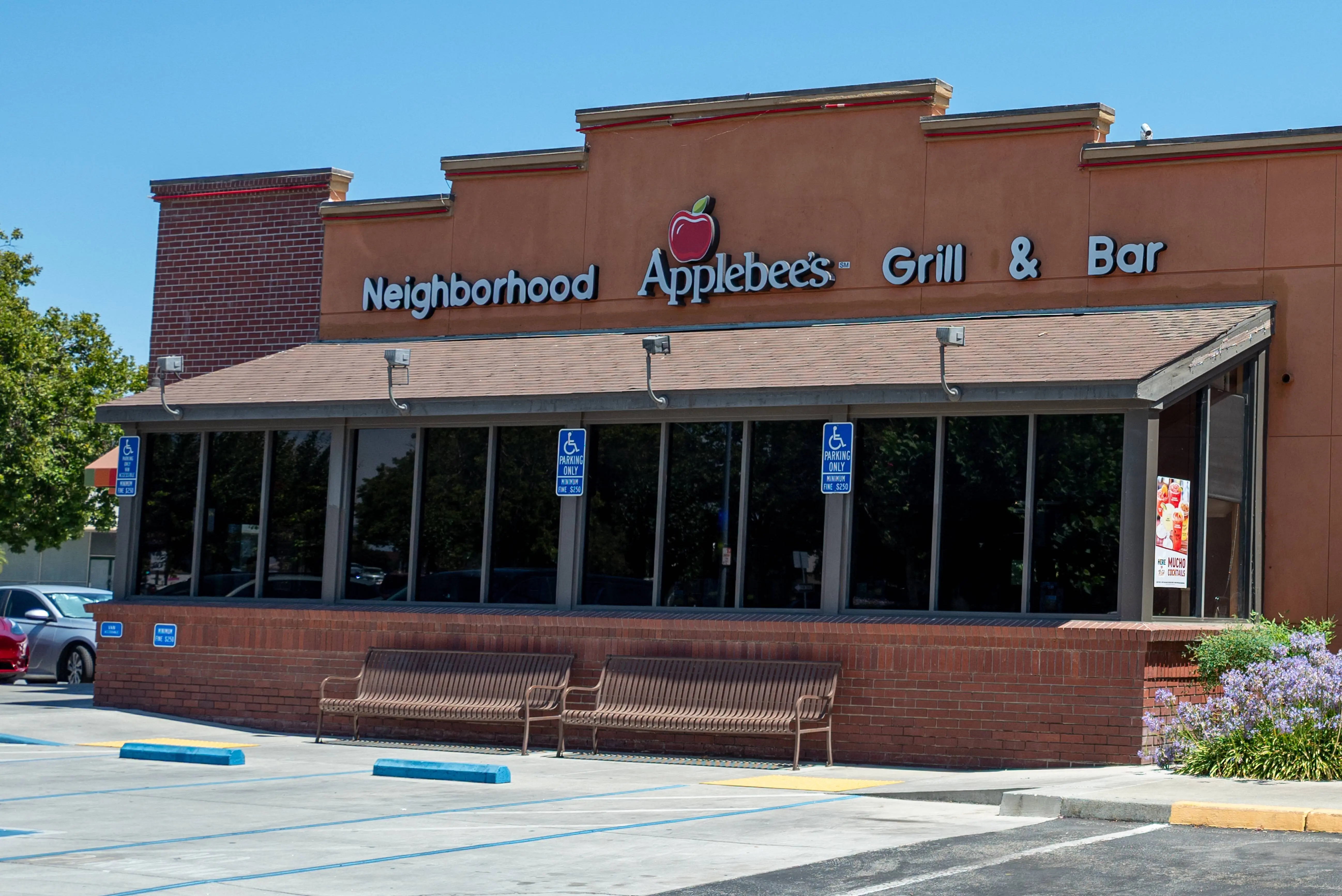 Facade of Applebee's restaurant with logo in Gilroy, California, August 6, 2025. (Photo by Smith Collection/Gado/Getty Images)