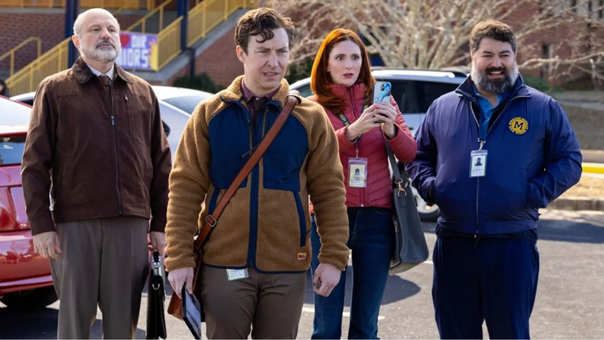 English Teacher, Faculty at Morrison-Hensley High gather outside the school. Photo: ©FX / Courtesy FX Networks &amp; Hulu.