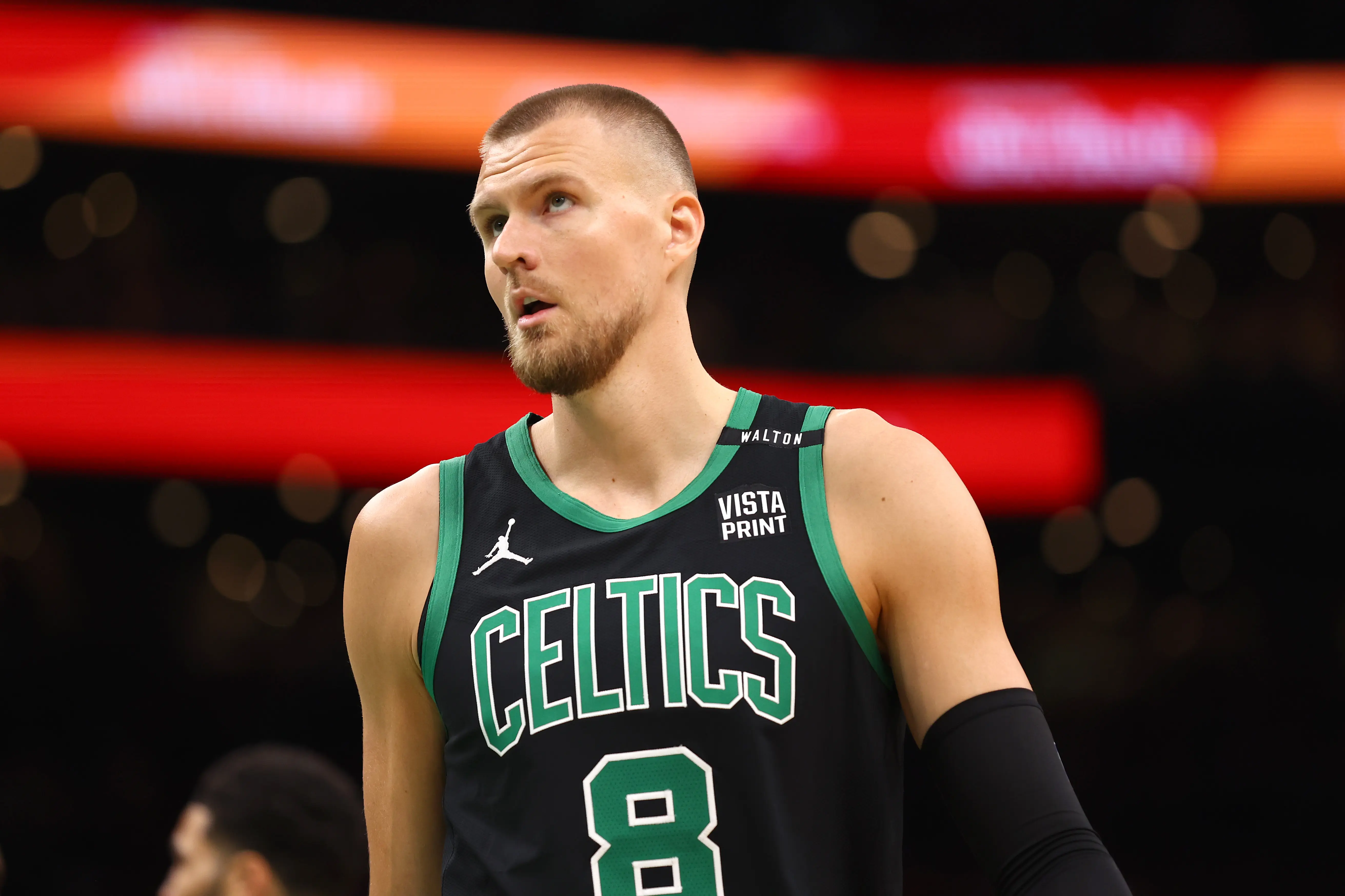 Kristaps Porzingis #8 of the Boston Celtics looks on during the first quarter against the Dallas Mavericks in Game Two of the 2024 NBA Finals at TD Garden on June 09, 2024 in Boston, Massachusetts.  (Photo by Maddie Meyer/Getty Images)