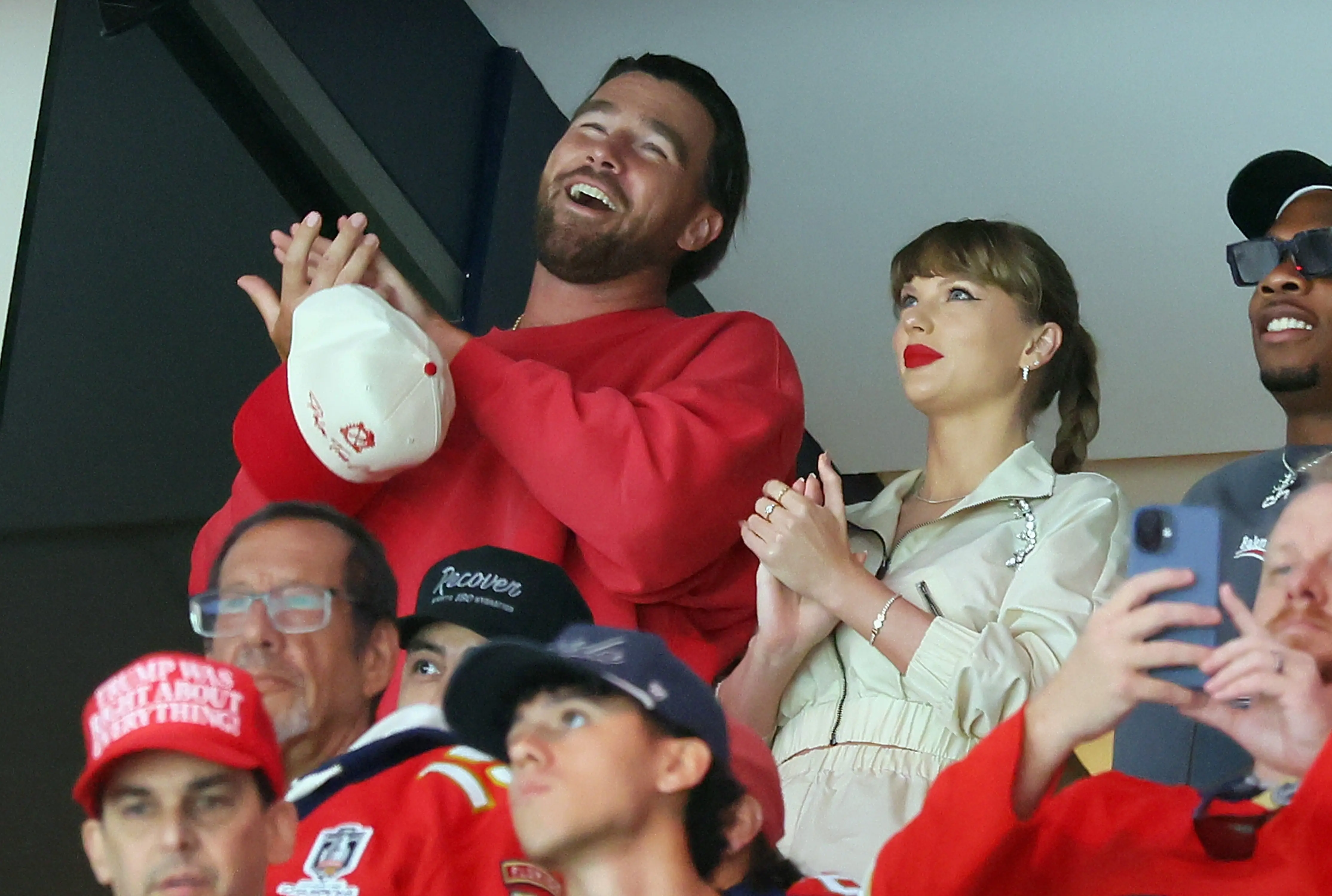 SUNRISE, FLORIDA - JUNE 12: Travis Kelce, left, and Taylor Swift react as the Edmonton Oilers and the Florida Panthers play during the first period in Game Four of the 2025 Stanley Cup Final at Amerant Bank Arena on June 12, 2025 in Sunrise, Florida. (Photo by Bruce Bennett/Getty Images)