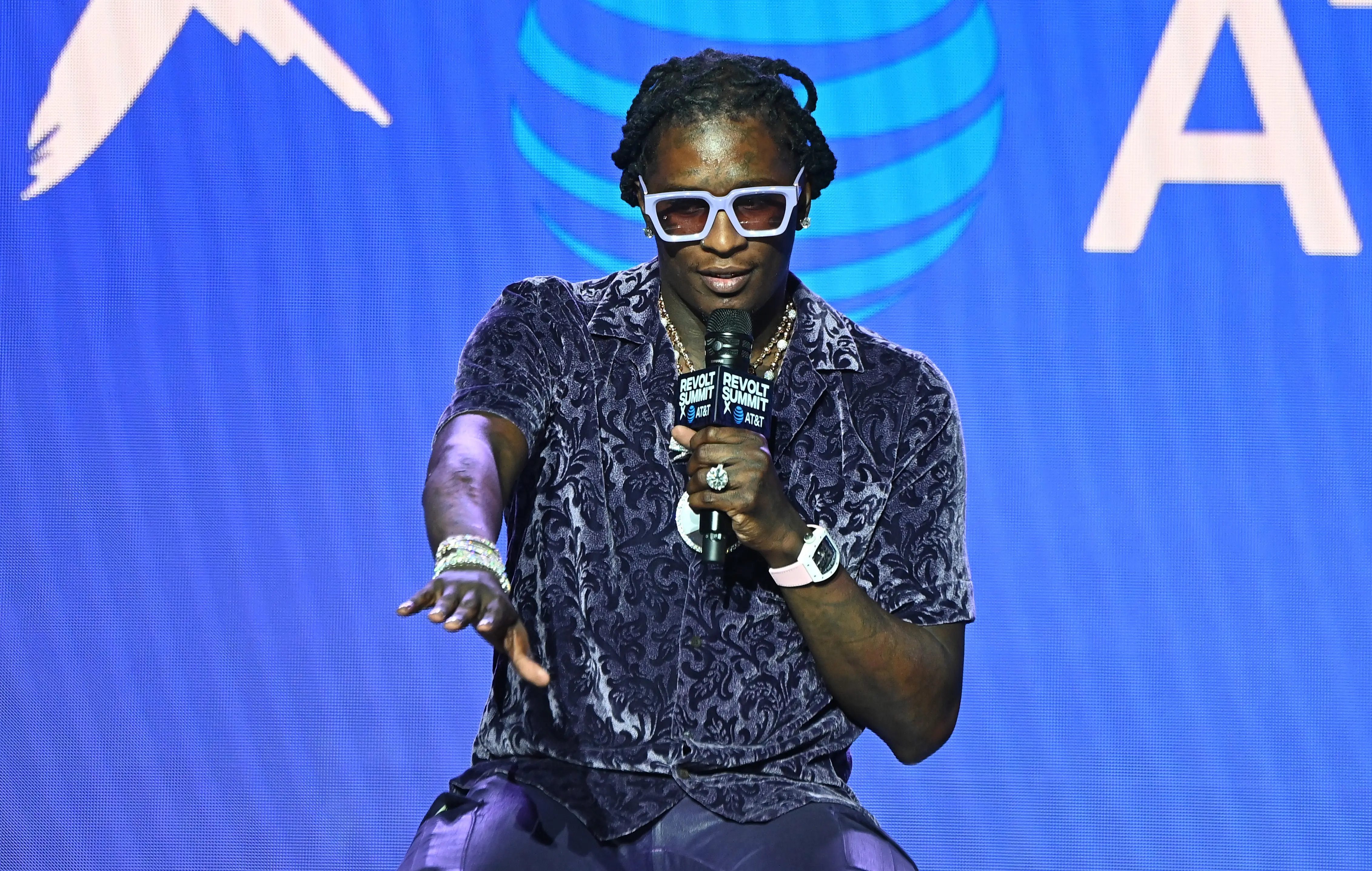 ATLANTA, GEORGIA - NOVEMBER 13:   Rapper Young Thug speaks onstage at the 2021 REVOLT Summit at 787 Windsor on November 13, 2021 in Atlanta, Georgia. (Photo by Paras Griffin/Getty Images)