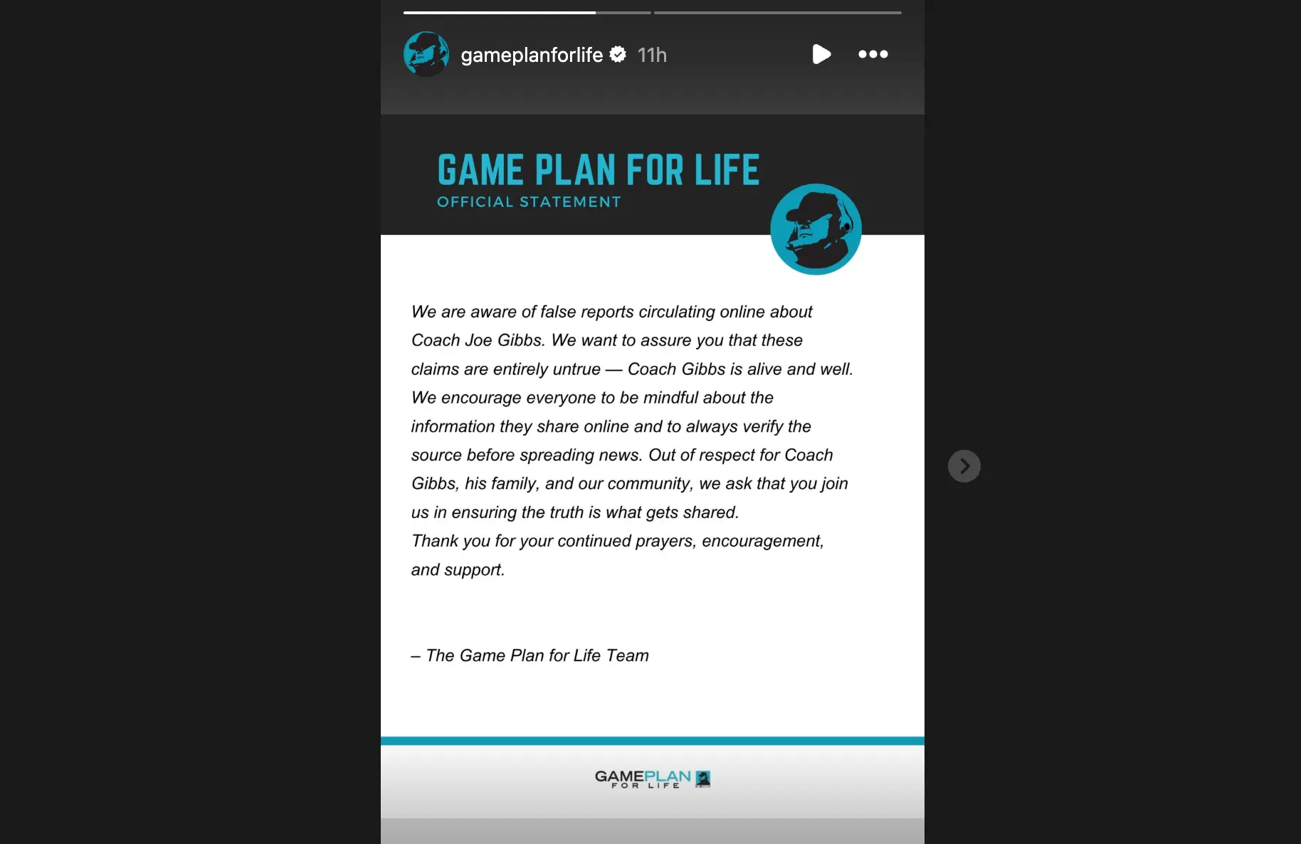 The Game Plan for Life team's story about the Joe Gibbs death hoax (Image via Instagram/@gameplanforlife)