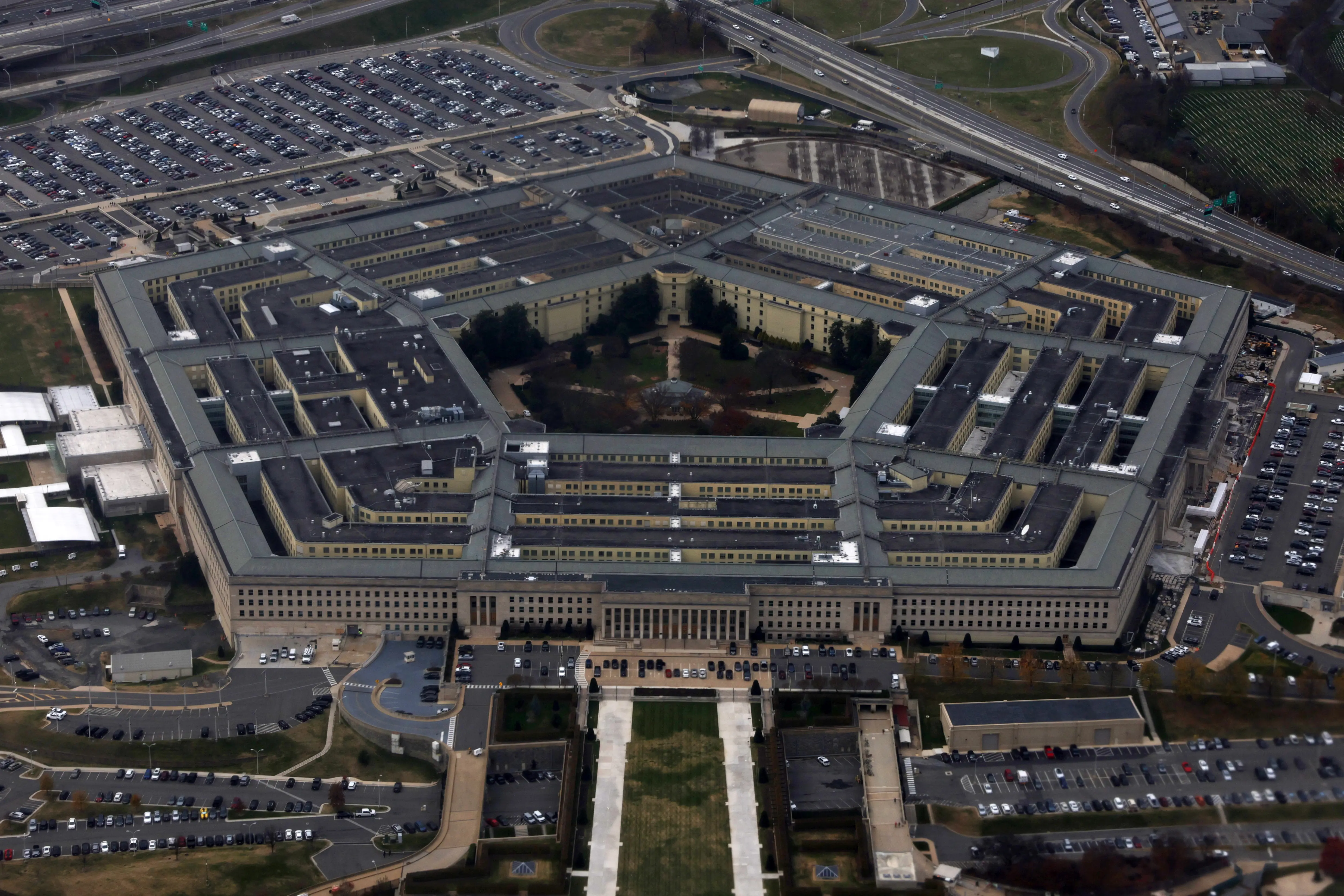 ARLINGTON, VIRGINIA - NOVEMBER 29: The Pentagon is seen from a flight taking off from Ronald Reagan Washington National Airport on November 29, 2022 in Arlington, Virginia. The Pentagon is the headquarters of the U.S. Department of Defense and the world’s largest office building. (Photo by Alex Wong/Getty Images)