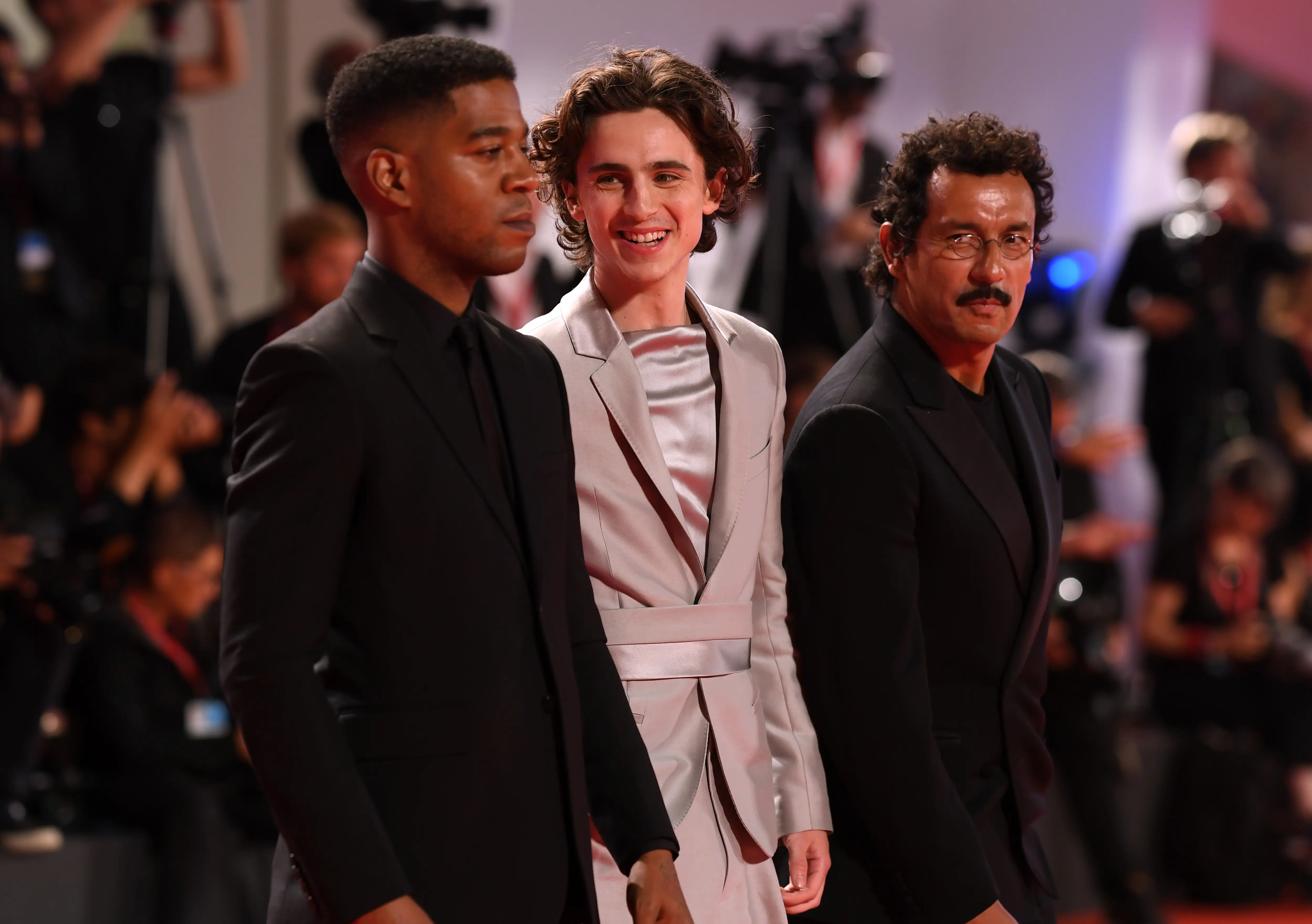 VENICE, ITALY - SEPTEMBER 02:  (L-R) Kid Cudi, Timothee Chalamet and Haider Ackermann attend "The King" red carpet during the 76th Venice Film Festival at Sala Grande on September 02, 2019 in Venice, Italy. (Photo by Pascal Le Segretain/Getty Images)