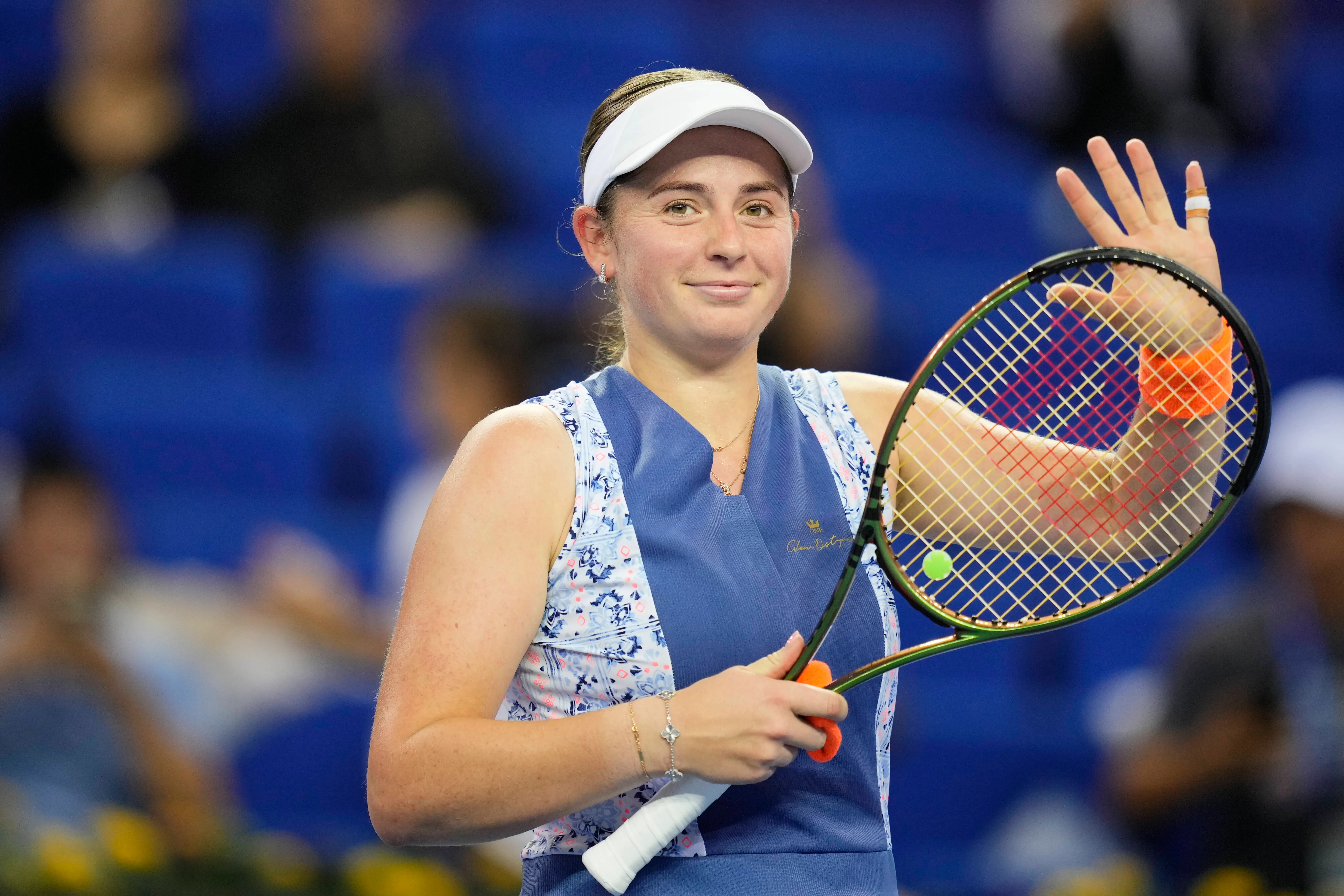 ZHUHAI, CHINA - OCTOBER 26: Jelena Ostapenko of Latvia celebrates after winning the match against Donna Vekic of Croatia in the women's singles round of 16 matches on Day 3 of the WTA Elite Trophy Zhuhai 2023 at Hengqin Tennis Center on October 26, 2023 in Zhuhai, China. (Photo by Fred Lee/Getty Images)