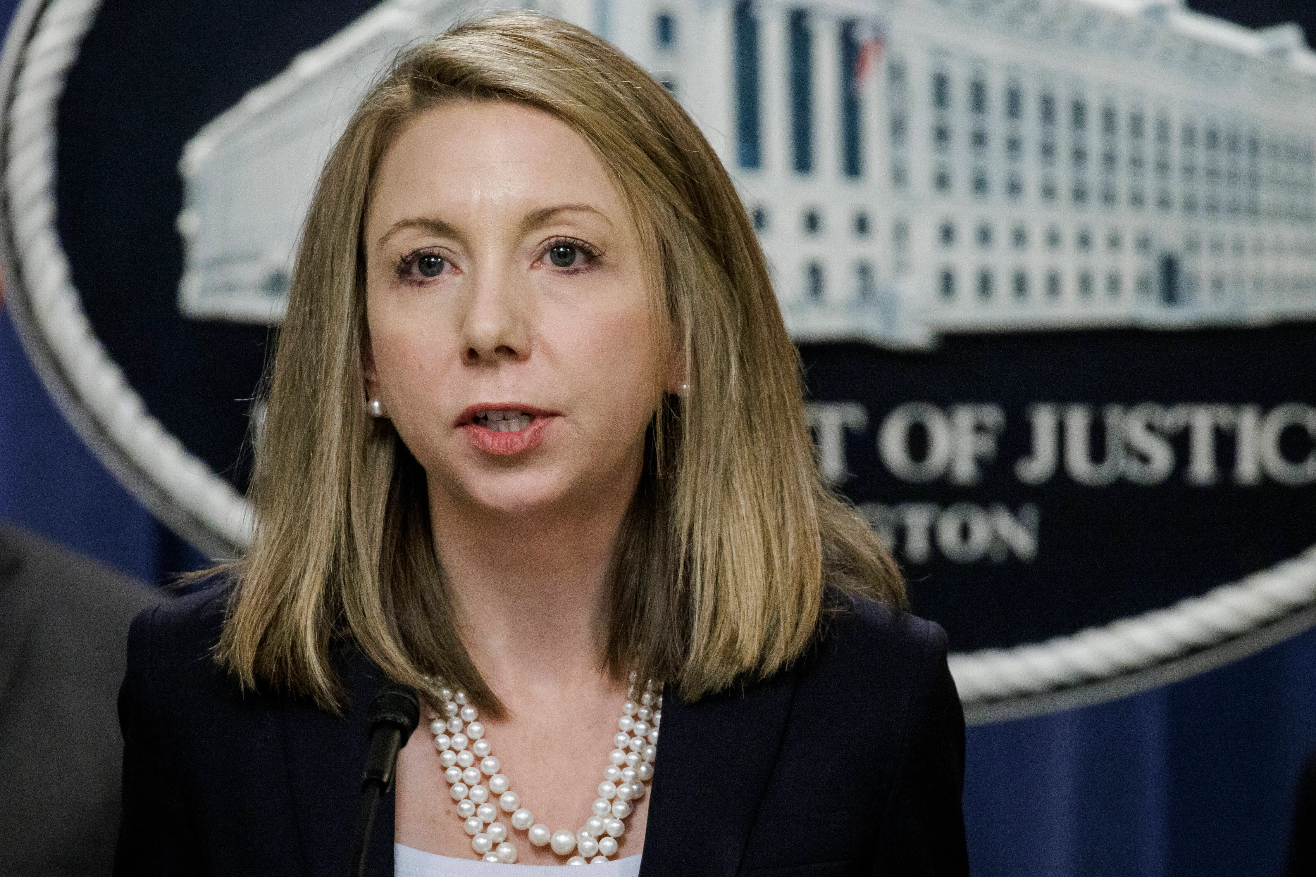 WASHINGTON, DC - DECEMBER 6: U.S. Attorney for the Eastern District of Virginia Jessica Aber speaks during a press conference at the U.S. Department of Justice on December 6, 2023 in Washington, DC. The Department of Justice announced today that four Russian military personnel have been indicted for war crimes committed against a U.S. national living in Ukraine, the first of such charges ever to be brought under the U.S. war crimes statute. (Photo by Samuel Corum/Getty Images)