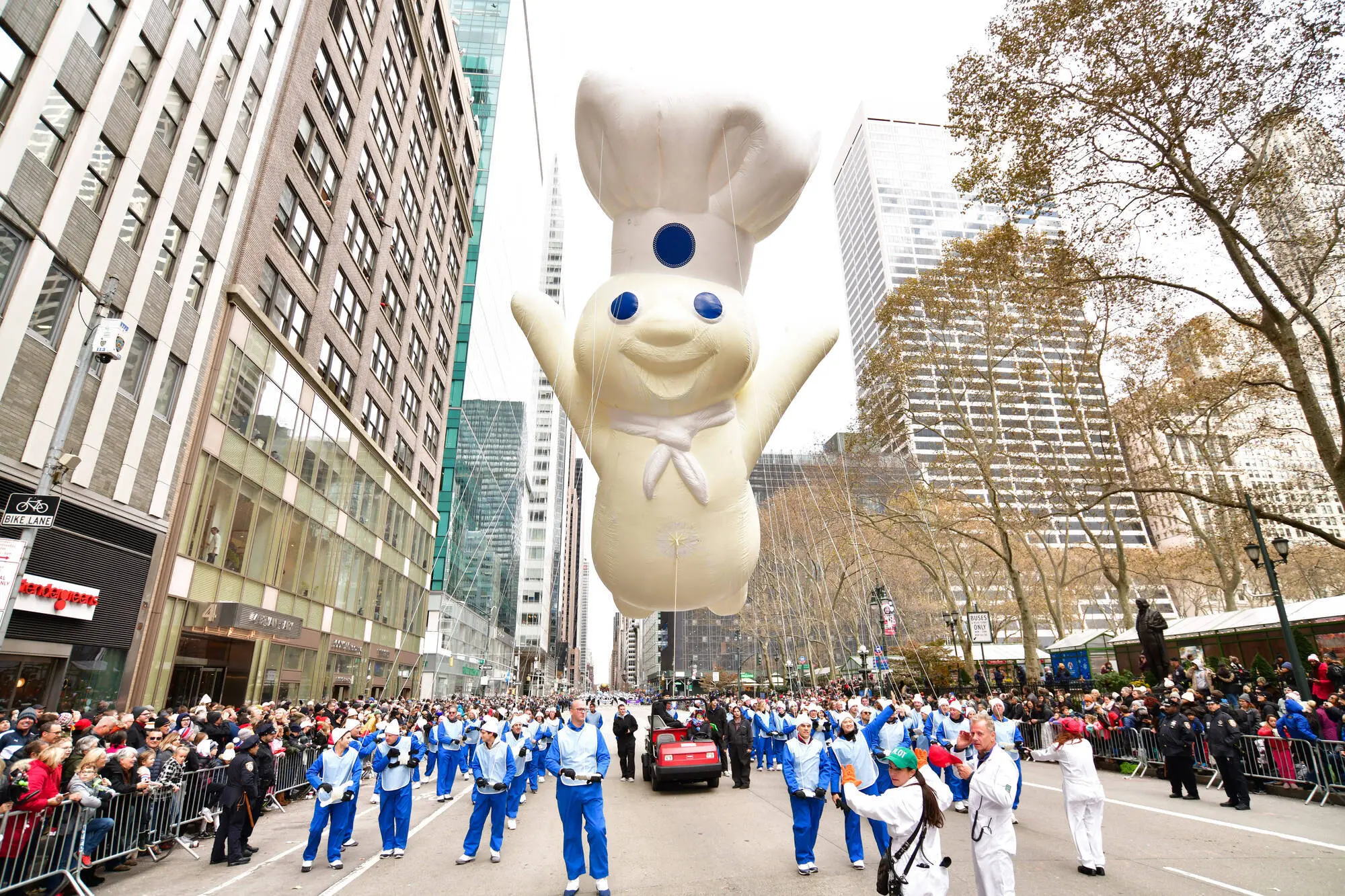 NEW YORK, NY - NOVEMBER 28:  A Pillsbury Doughboy balloon seen at the 93rd Annual Macy's Thanksgiving Day Parade on November 28, 2019 in New York City.  (Photo by James Devaney/Getty Images)