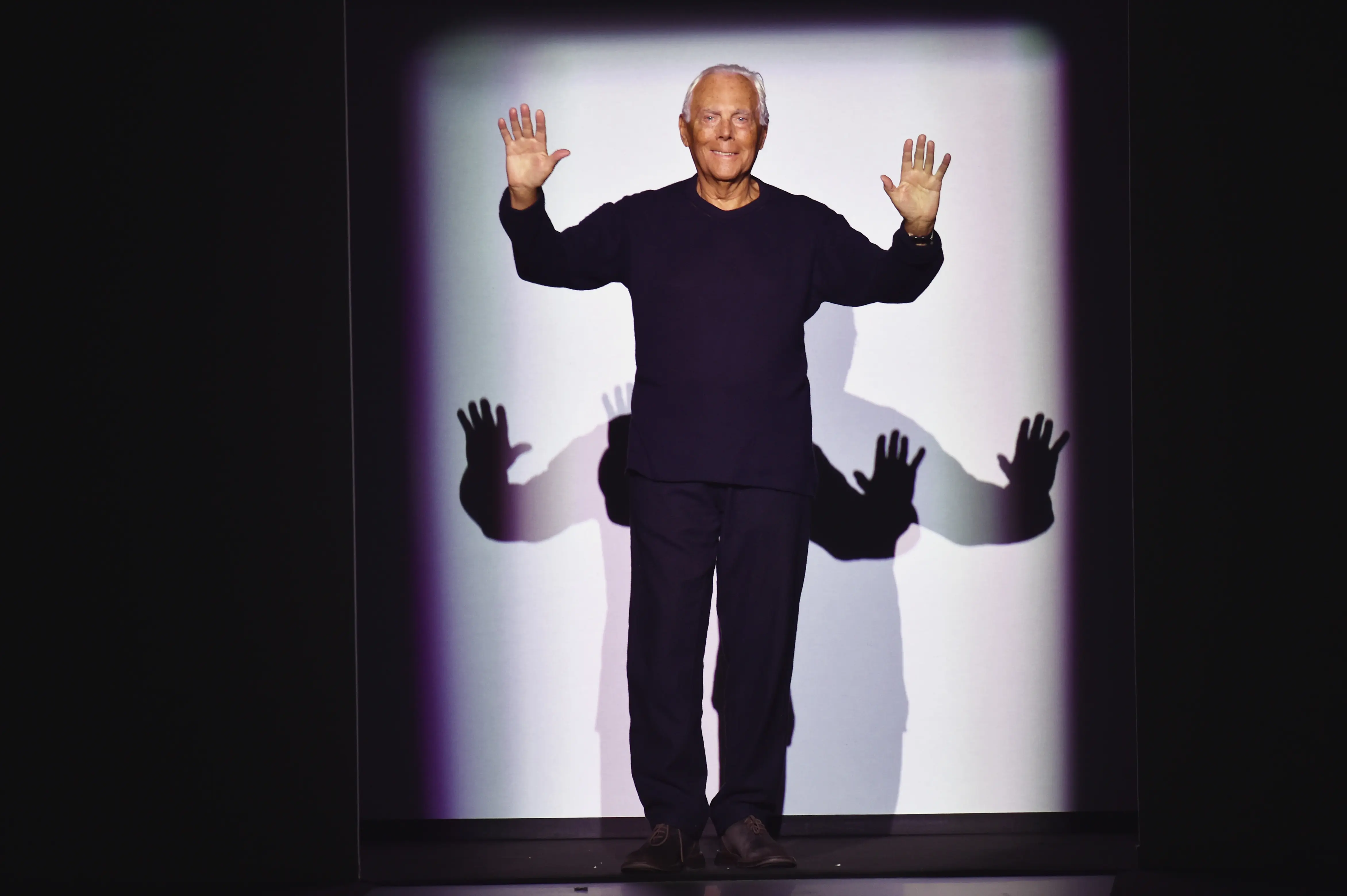 MILAN, ITALY - JANUARY 14:  Designer Giorgio Armani is seen on the runway at the Emporio Armani show during Milan Men's Fashion Week Fall/Winter 2017/18 on January 14, 2017 in Milan, Italy.  (Photo by Jacopo Raule/Getty Images)