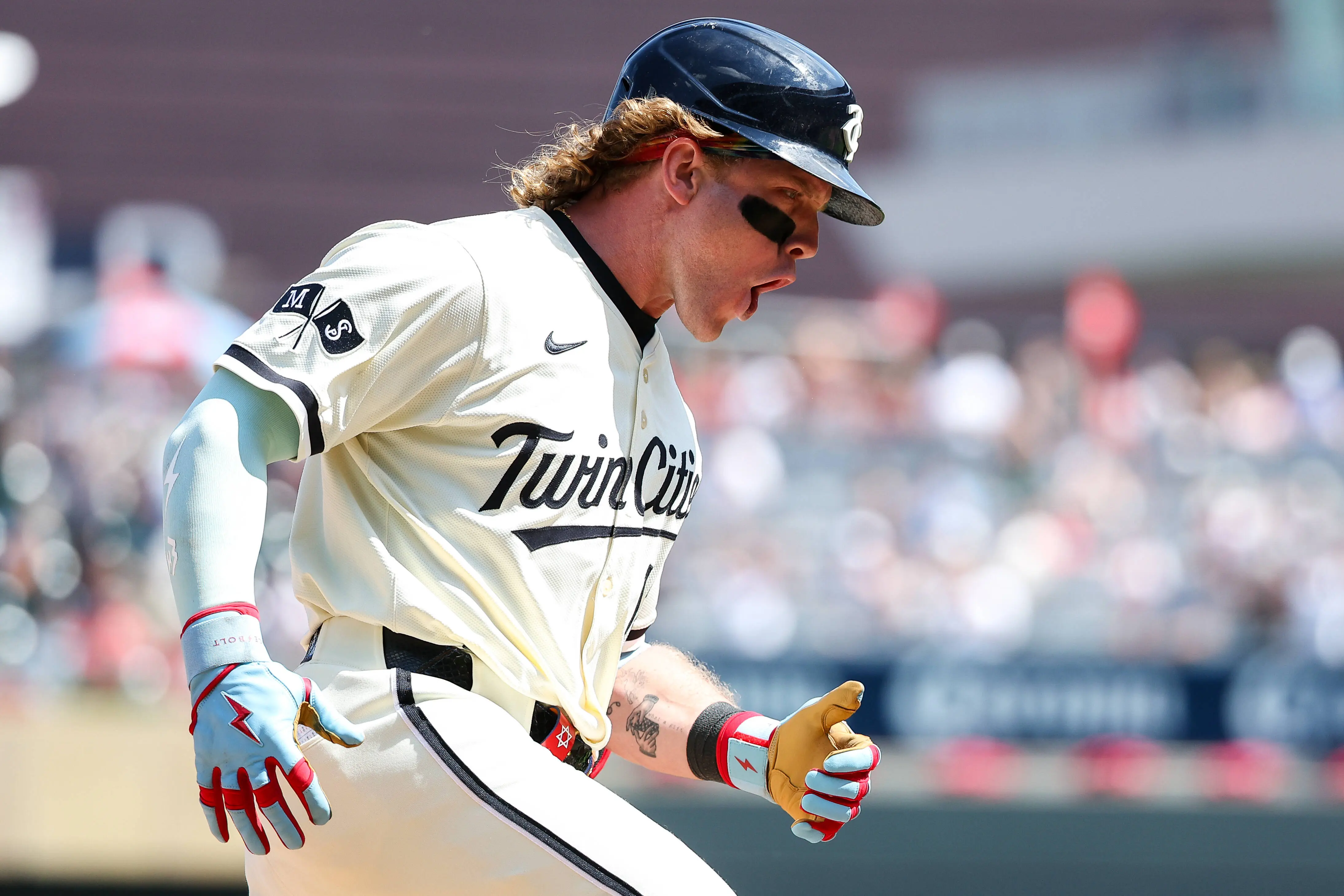 MINNEAPOLIS, MINNESOTA - JULY 6: Harrison Bader #12 of the Minnesota Twins celebrates his two run home run against the Tampa Bay Rays during the eighth inning at Target Field on July 6, 2025 in Minneapolis, Minnesota. (Photo by Matt Krohn/Getty Images)