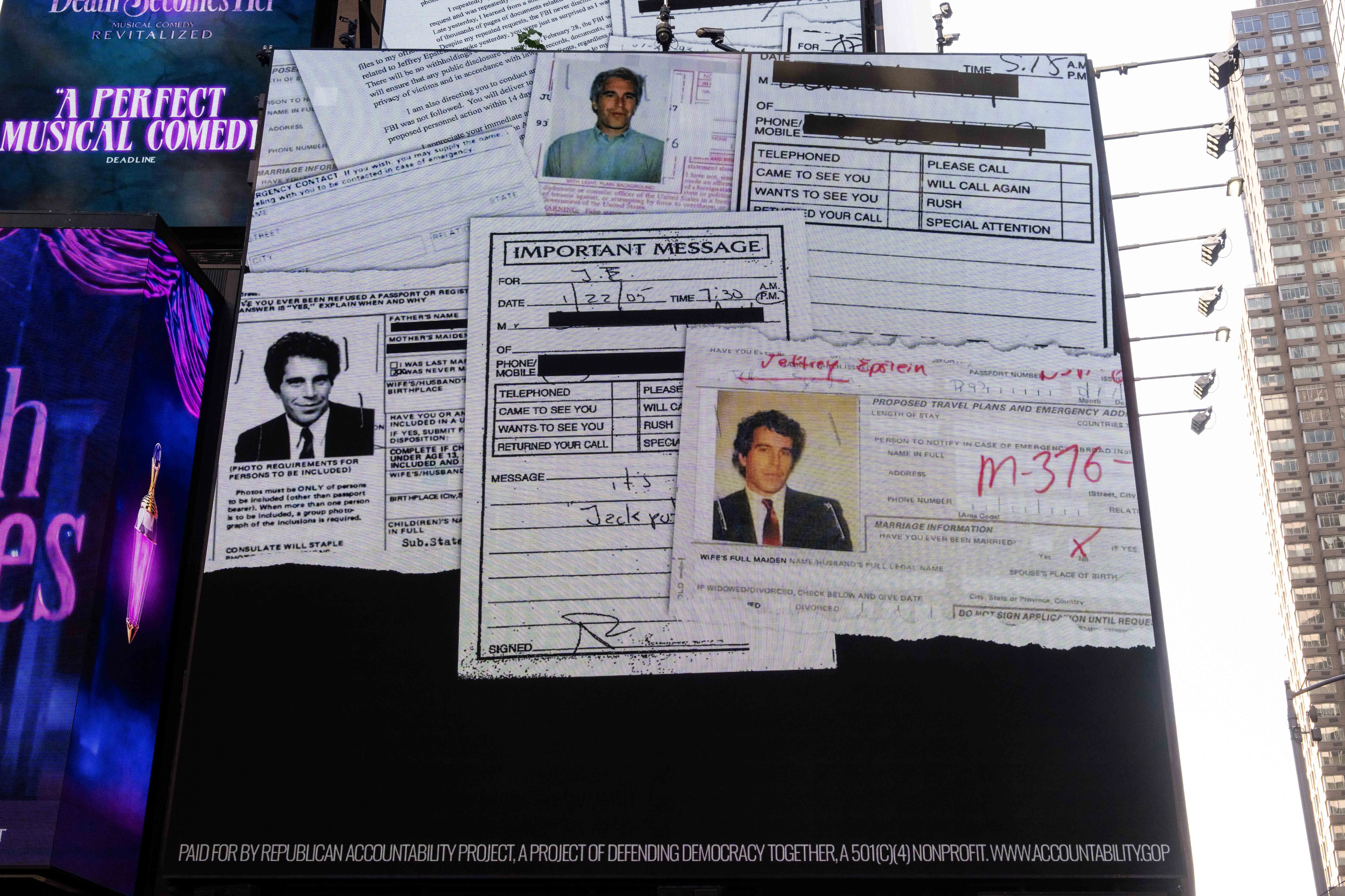 A billboard in Times Square calls for the release of the Epstein Files on July 23, 2025 in New York City (Image via Getty)